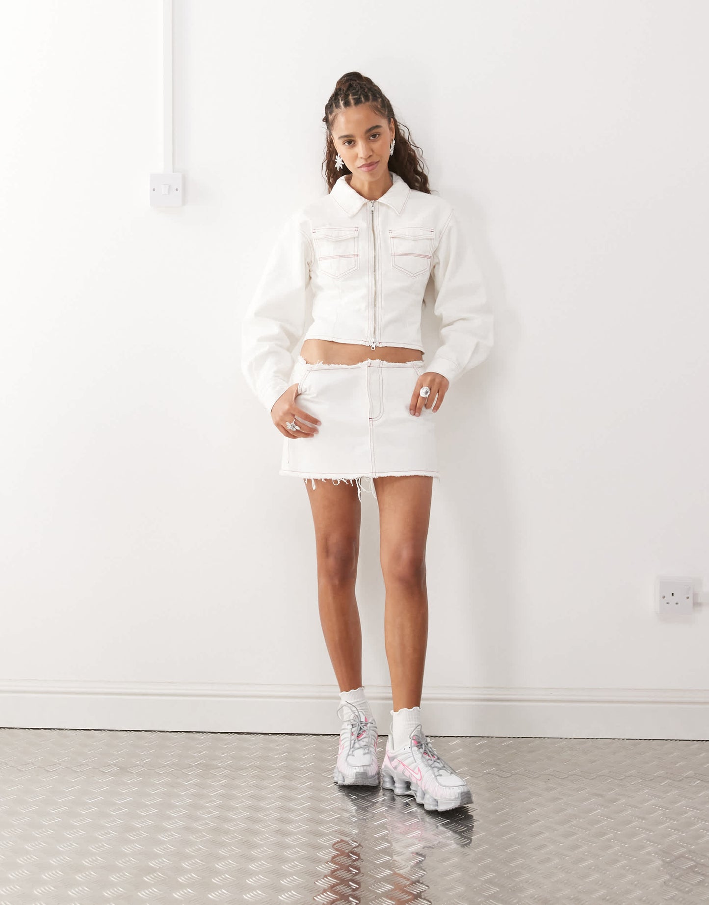 COLLUSION raw hem denim mini skirt in ecru