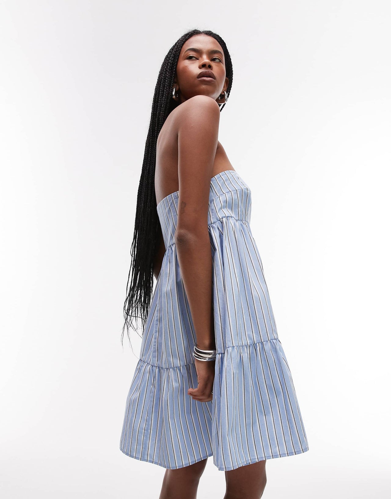 ASOS DESIGN trapeze tiered mini dress in blue stripe