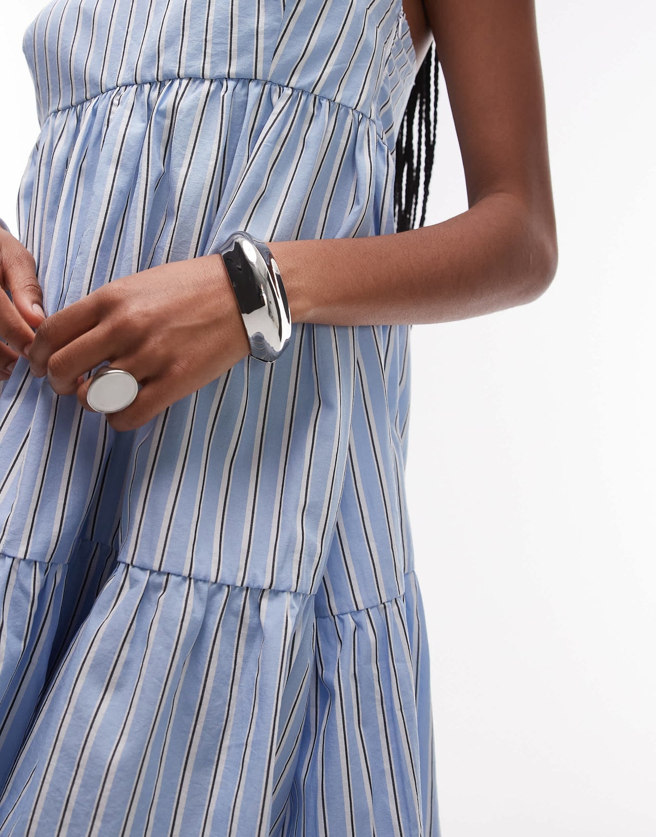 ASOS DESIGN trapeze tiered mini dress in blue stripe