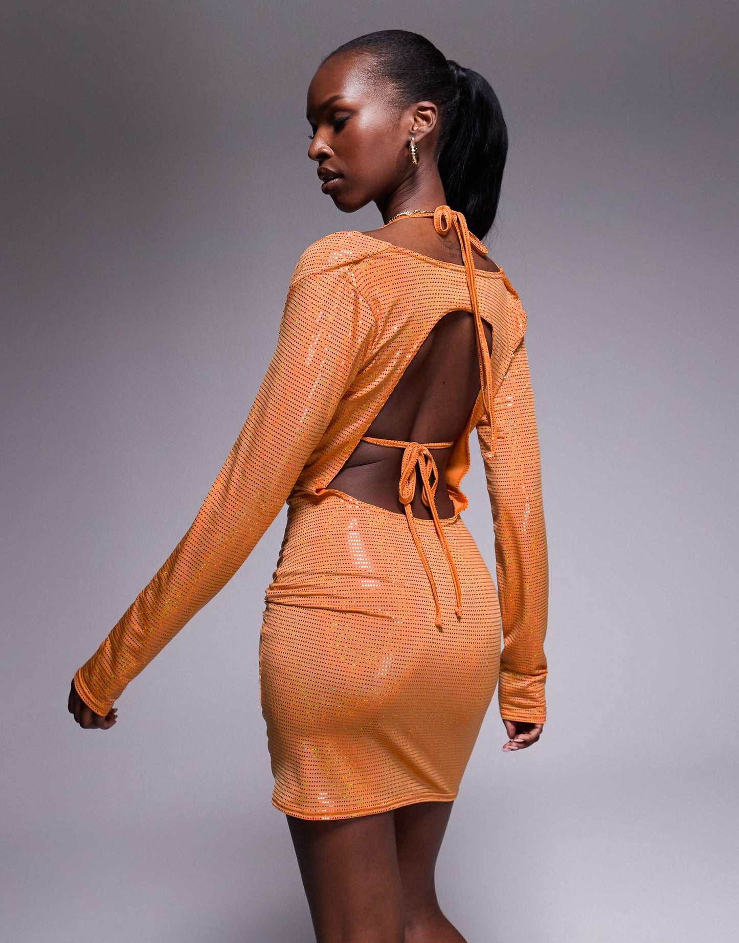 Missyempire mesh 2 in 1 bralet & cowl neck mini dress in orange mesh sequin