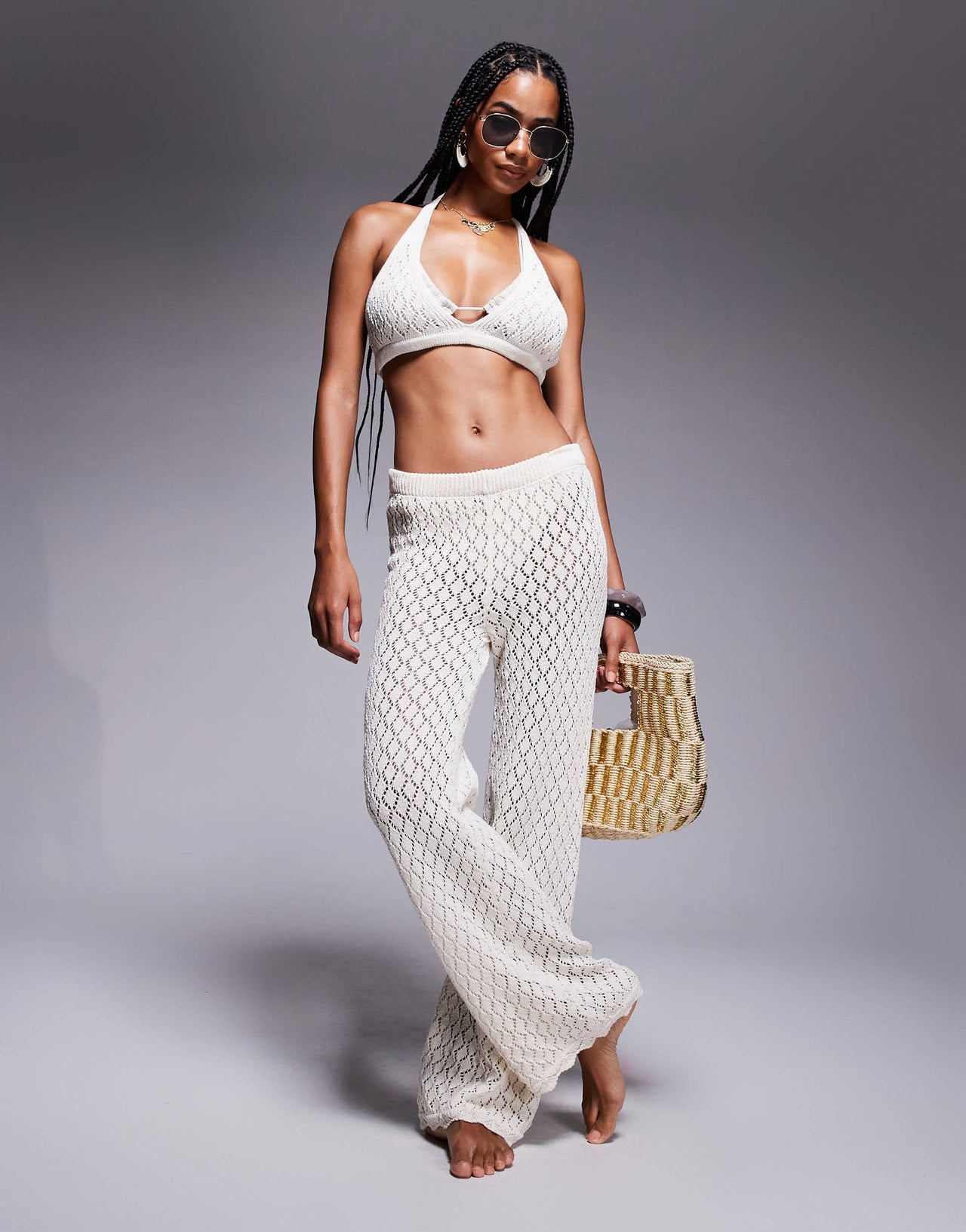 Missyempire beach knitted tie back bralet co-ord in cream