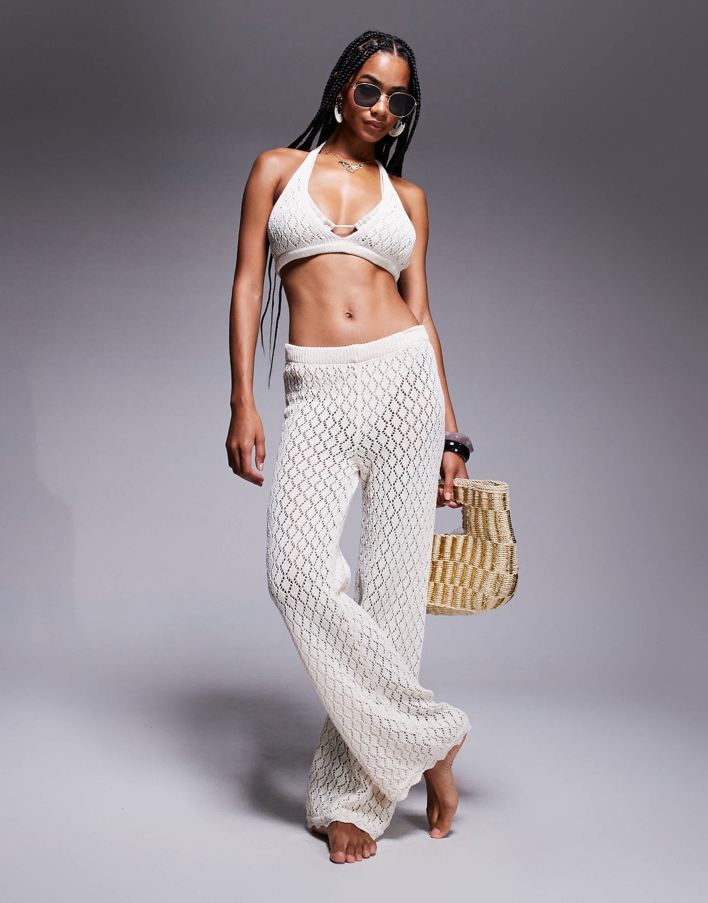 Missyempire beach knitted tie back bralet co-ord in cream