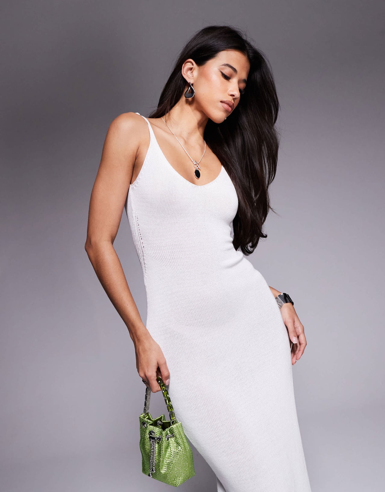 Missyempire knitted cami side slit open back maxi dress in white