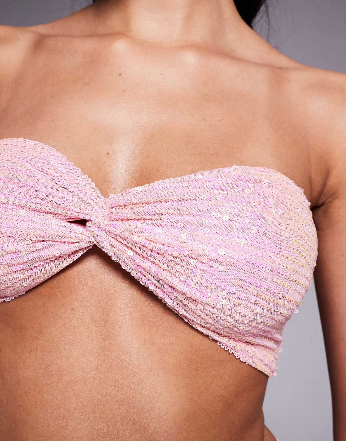 Missyempire sequin twist front bandeau bralet co-ord in pink