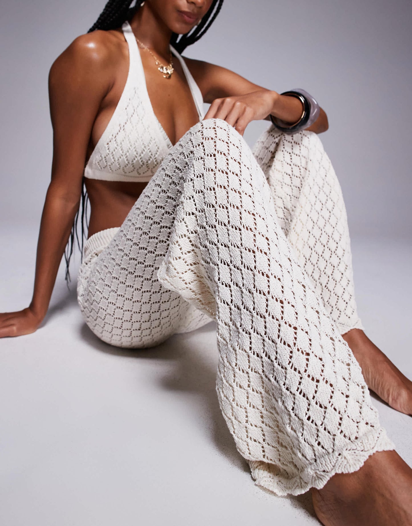 Missyempire beach knitted high waisted wide leg trousers co-ord in cream