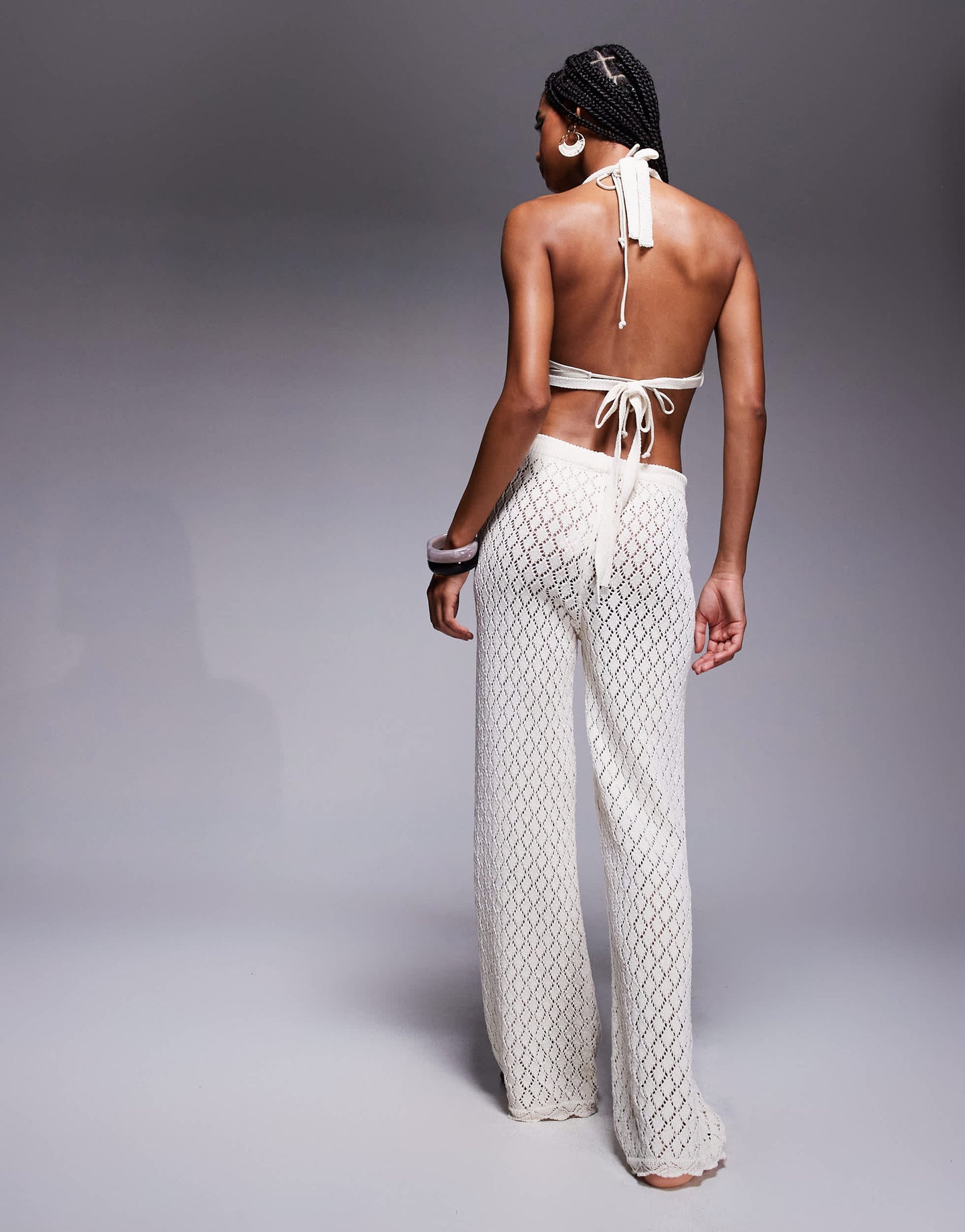 Missyempire beach knitted high waisted wide leg trousers co-ord in cream