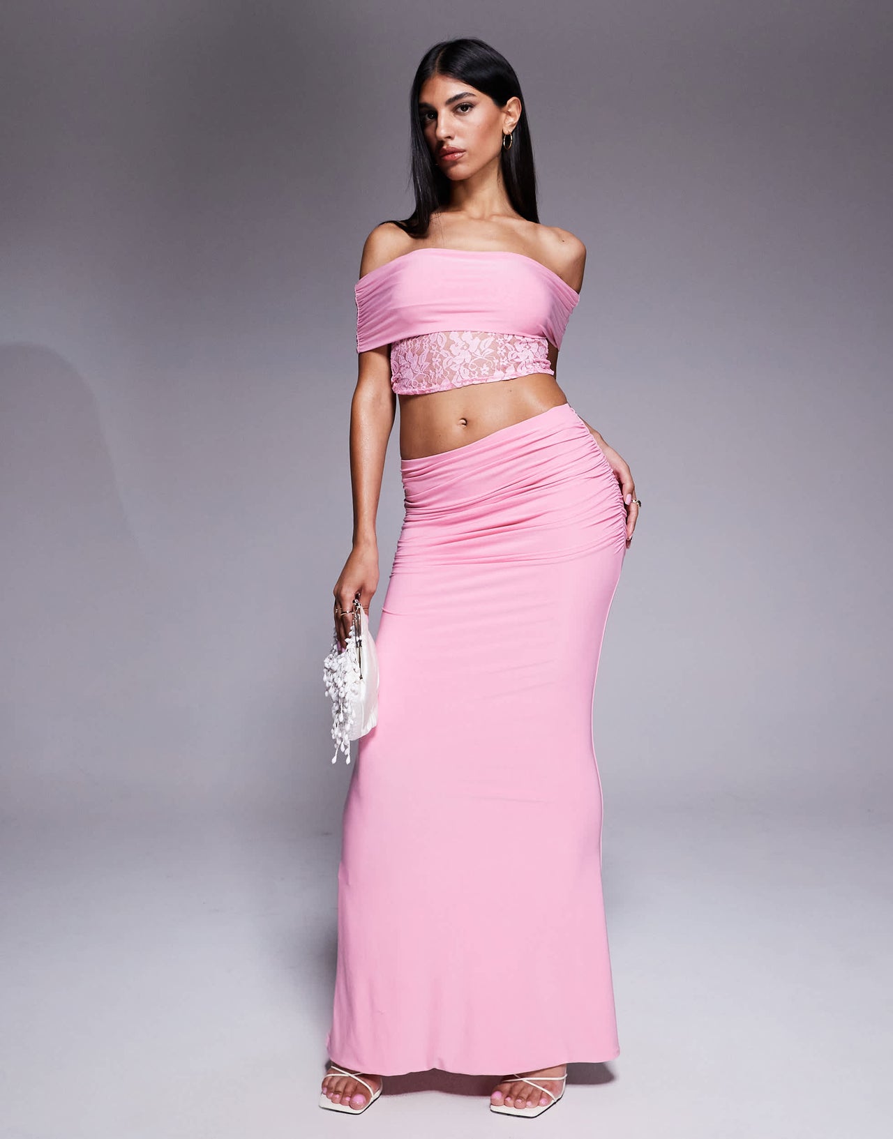 Missyempire double sculpted slinky deep bardot lace top co-ord in pink