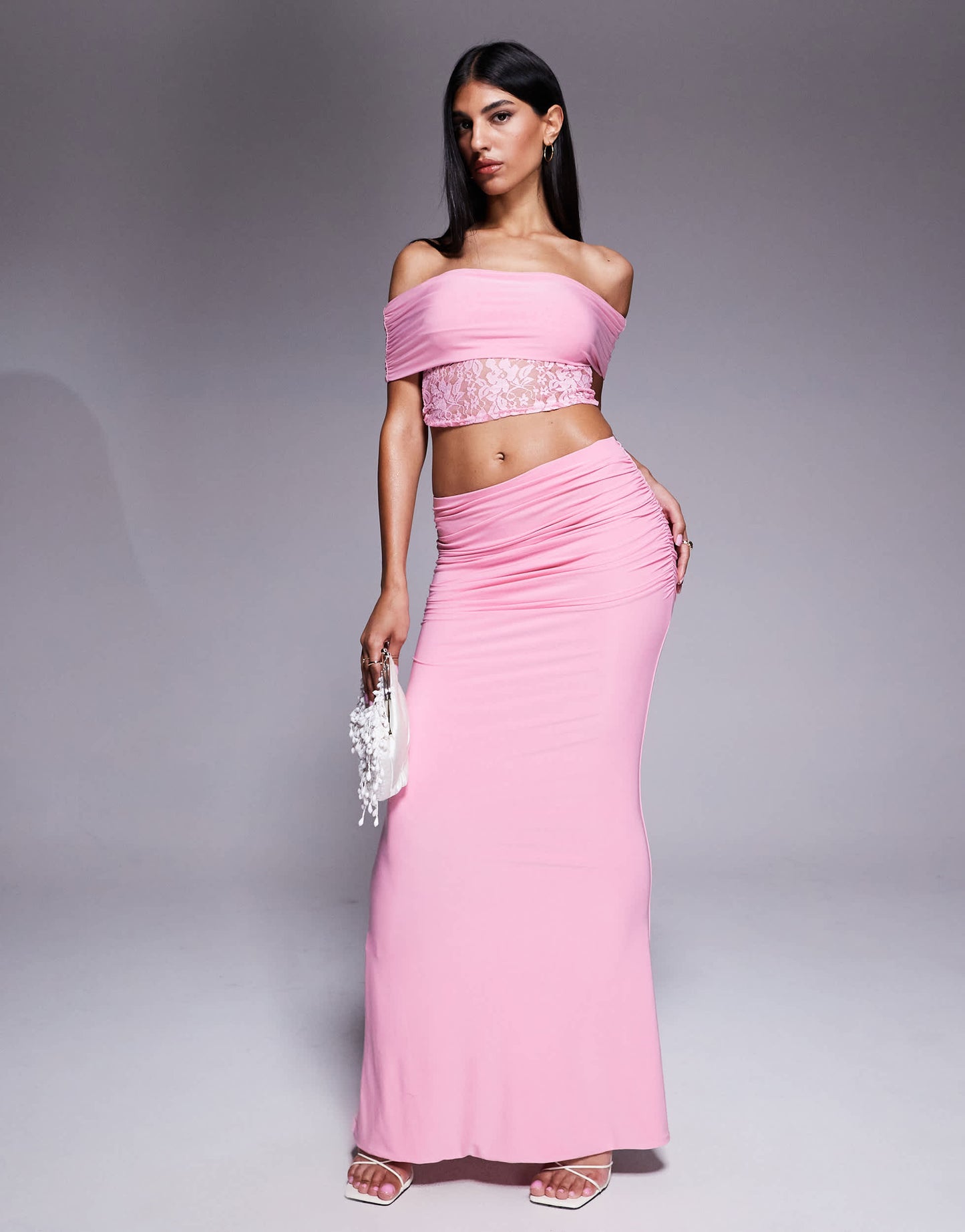 Missyempire double sculpted slinky deep bardot lace top co-ord in pink
