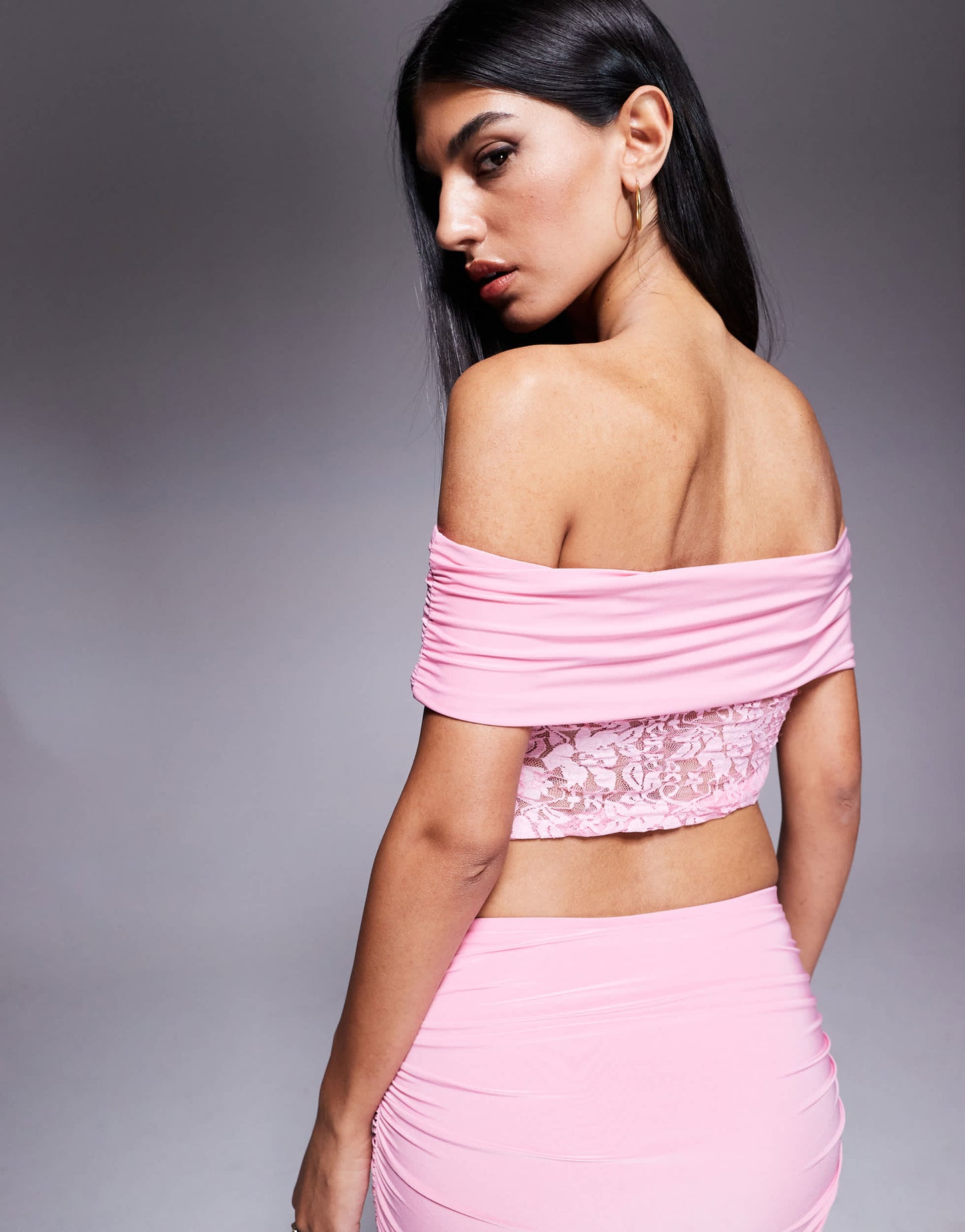 Missyempire double sculpted slinky deep bardot lace top co-ord in pink