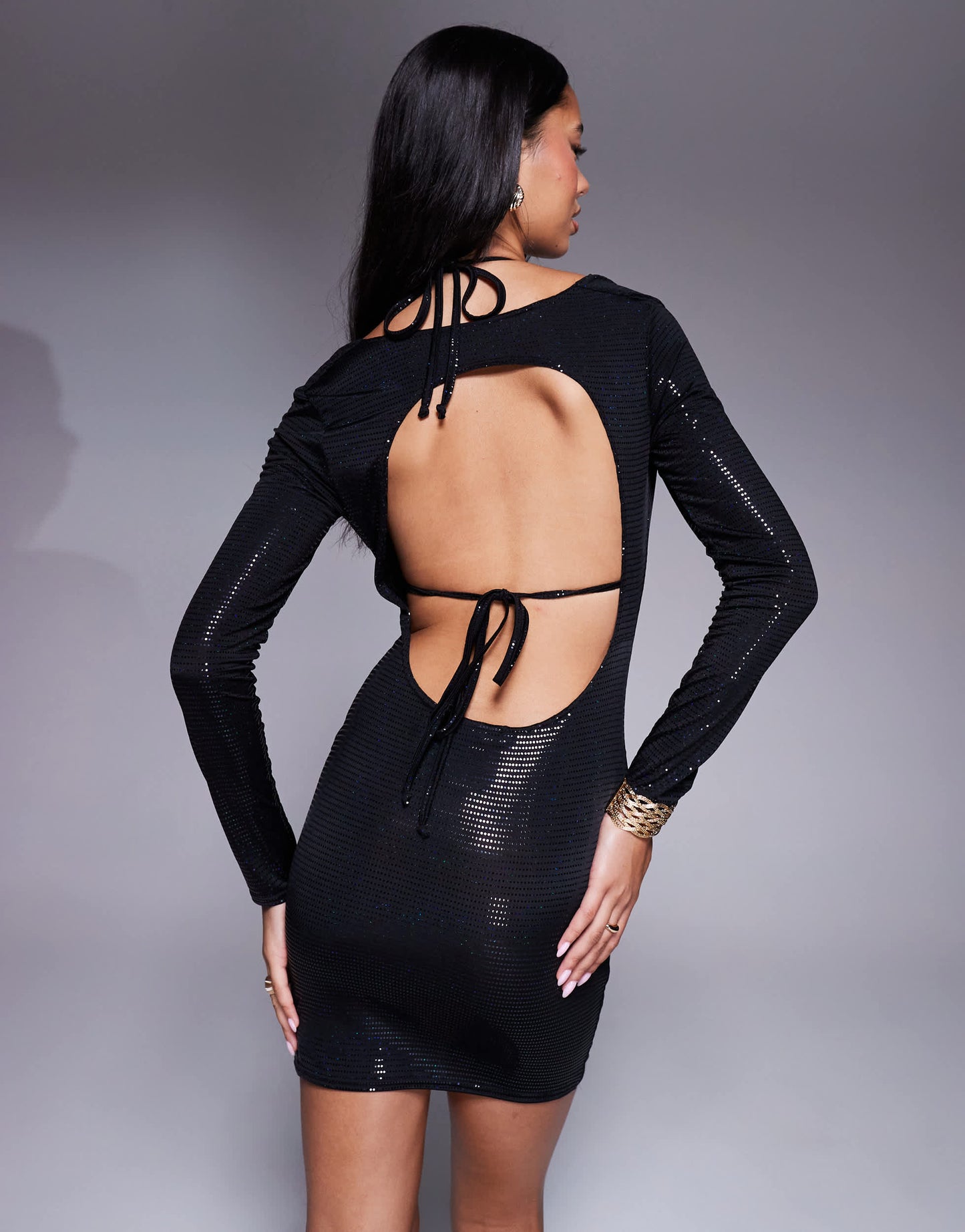 Missyempire mesh sequin 2 in 1 bralet & cowl neck mini dress in black mesh sequin