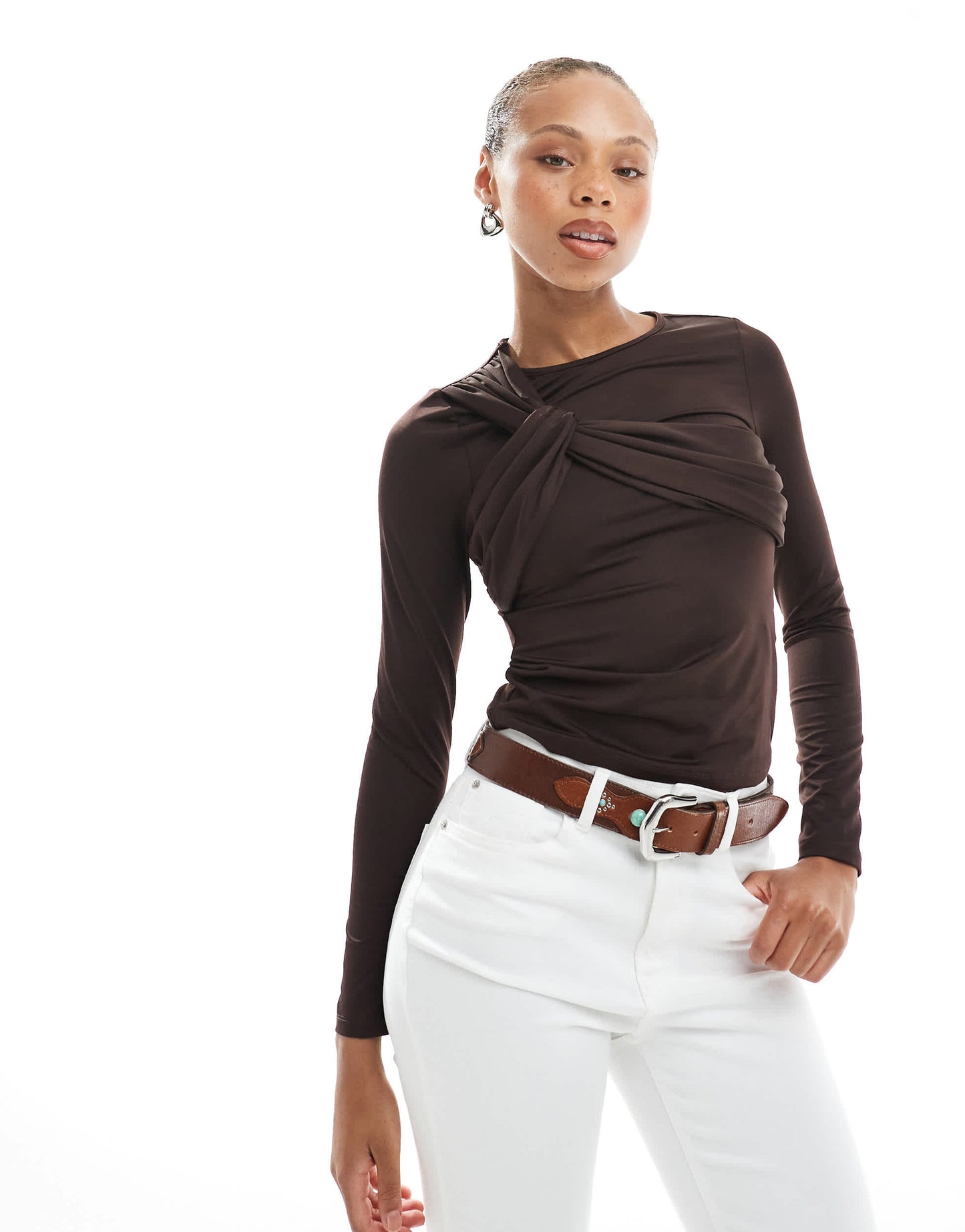 4th & Reckless asymmetric bust detail long sleeve top in chocolate brown