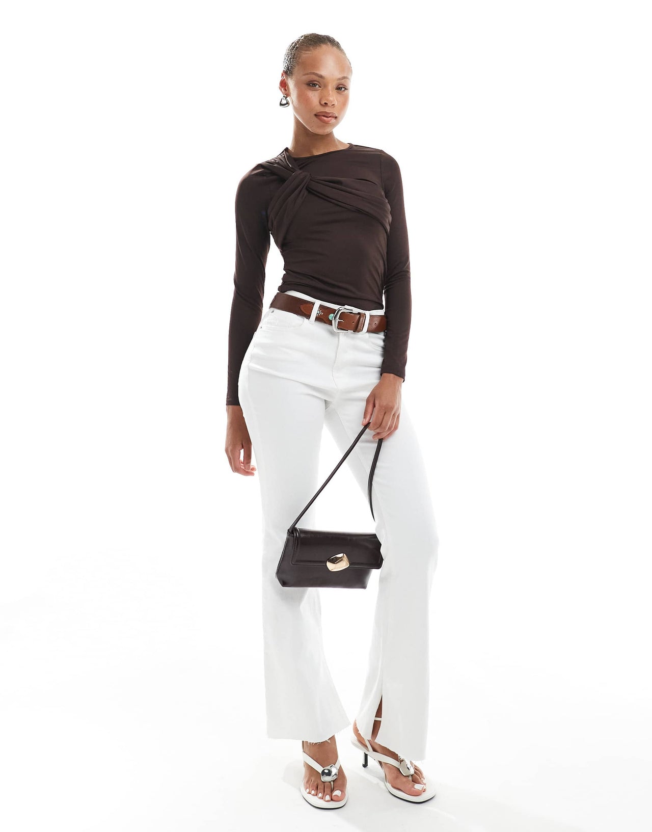 4th & Reckless asymmetric bust detail long sleeve top in chocolate brown