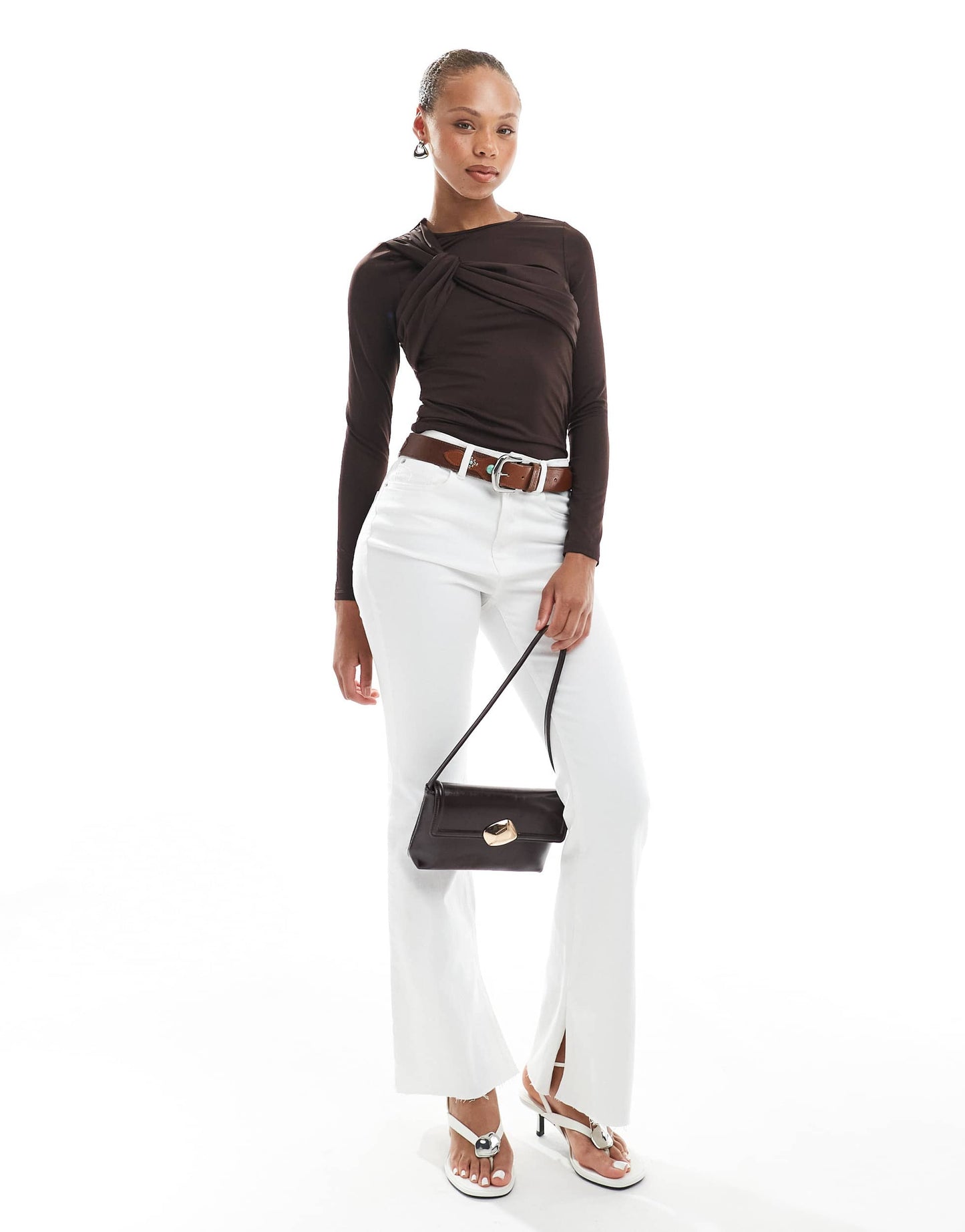 4th & Reckless asymmetric bust detail long sleeve top in chocolate brown