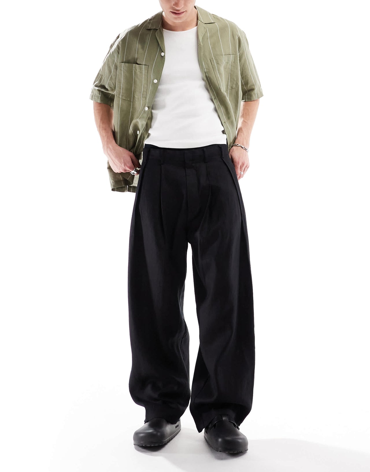 Bershka 100% linen tailored trouser in black