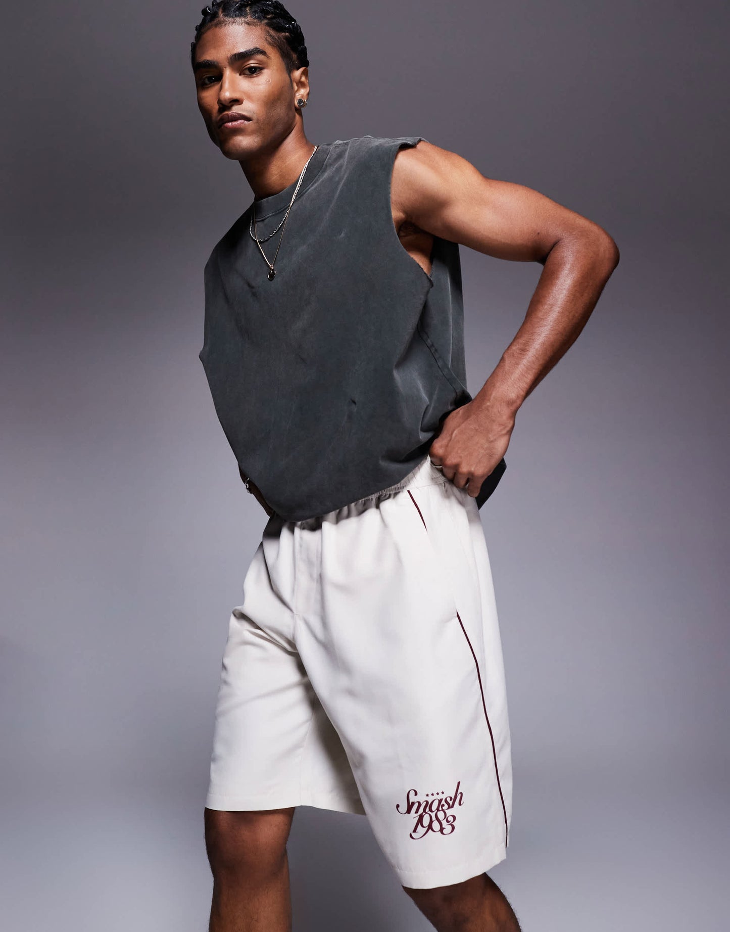 Bershka retro sports short in stone