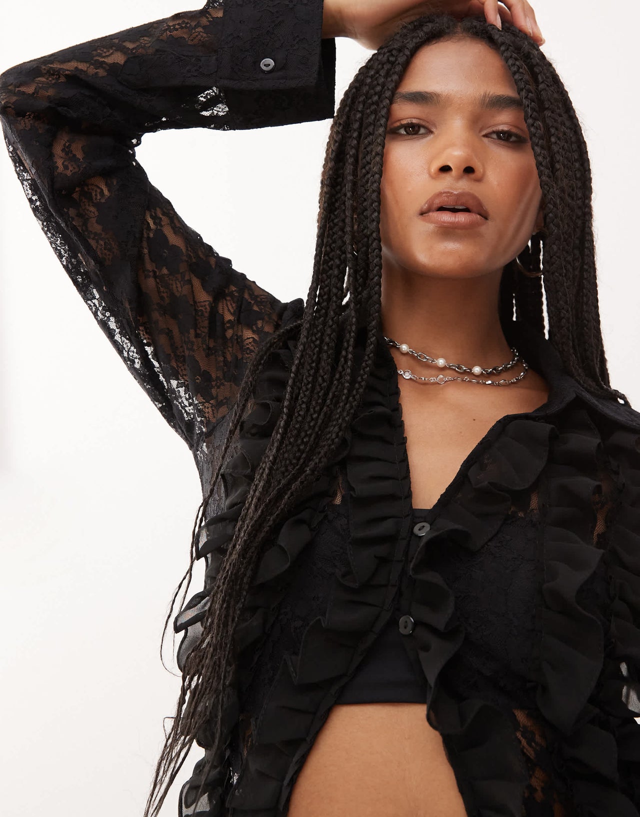 Amy Lynn frill detail lace shirt in black