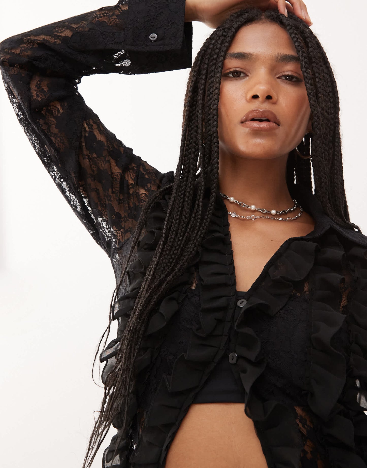 Amy Lynn frill detail lace shirt in black