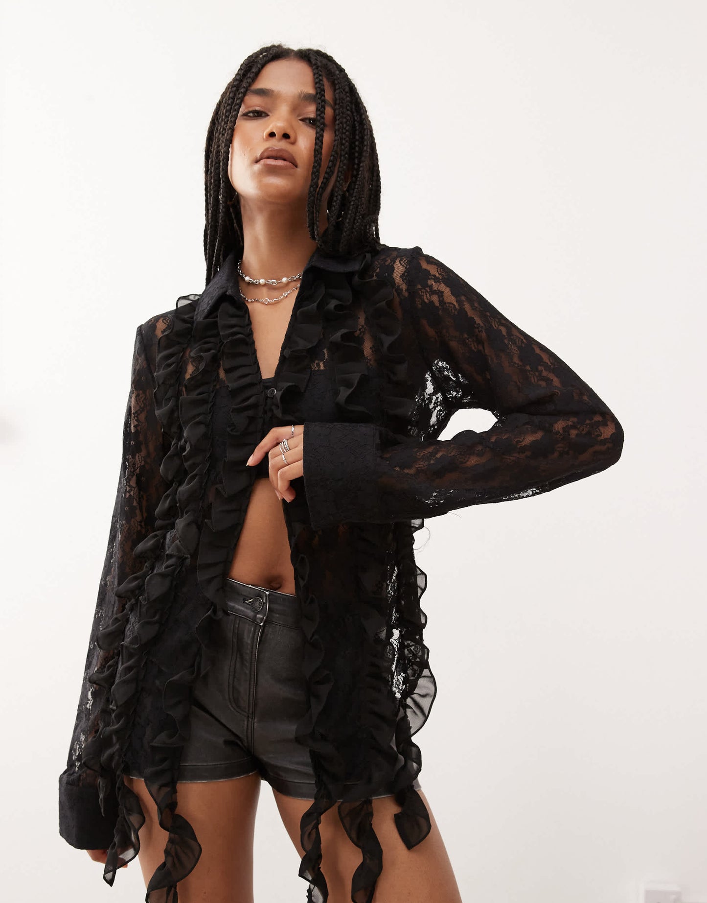 Amy Lynn frill detail lace shirt in black