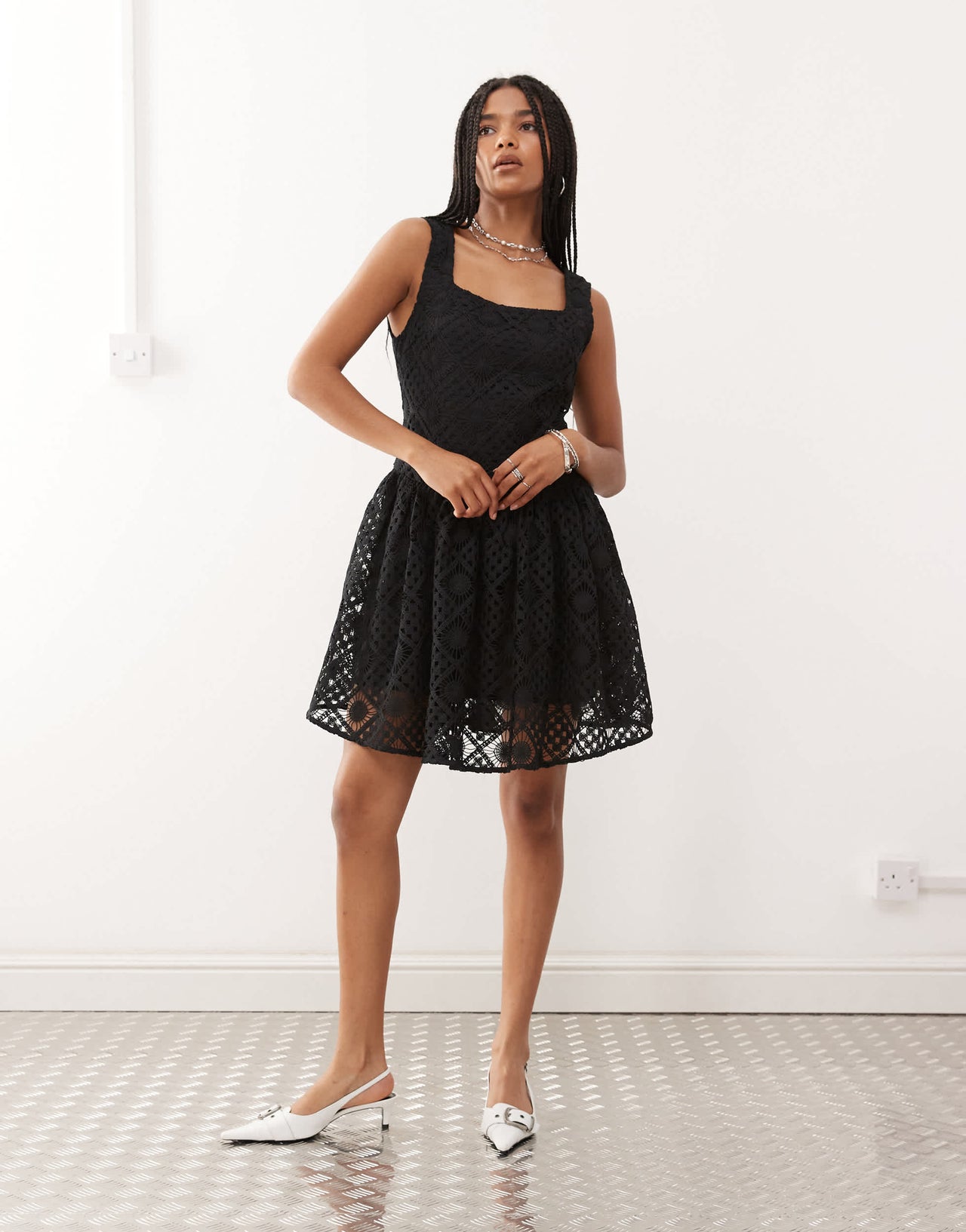 Amy Lynn crochet skater mini dress in black
