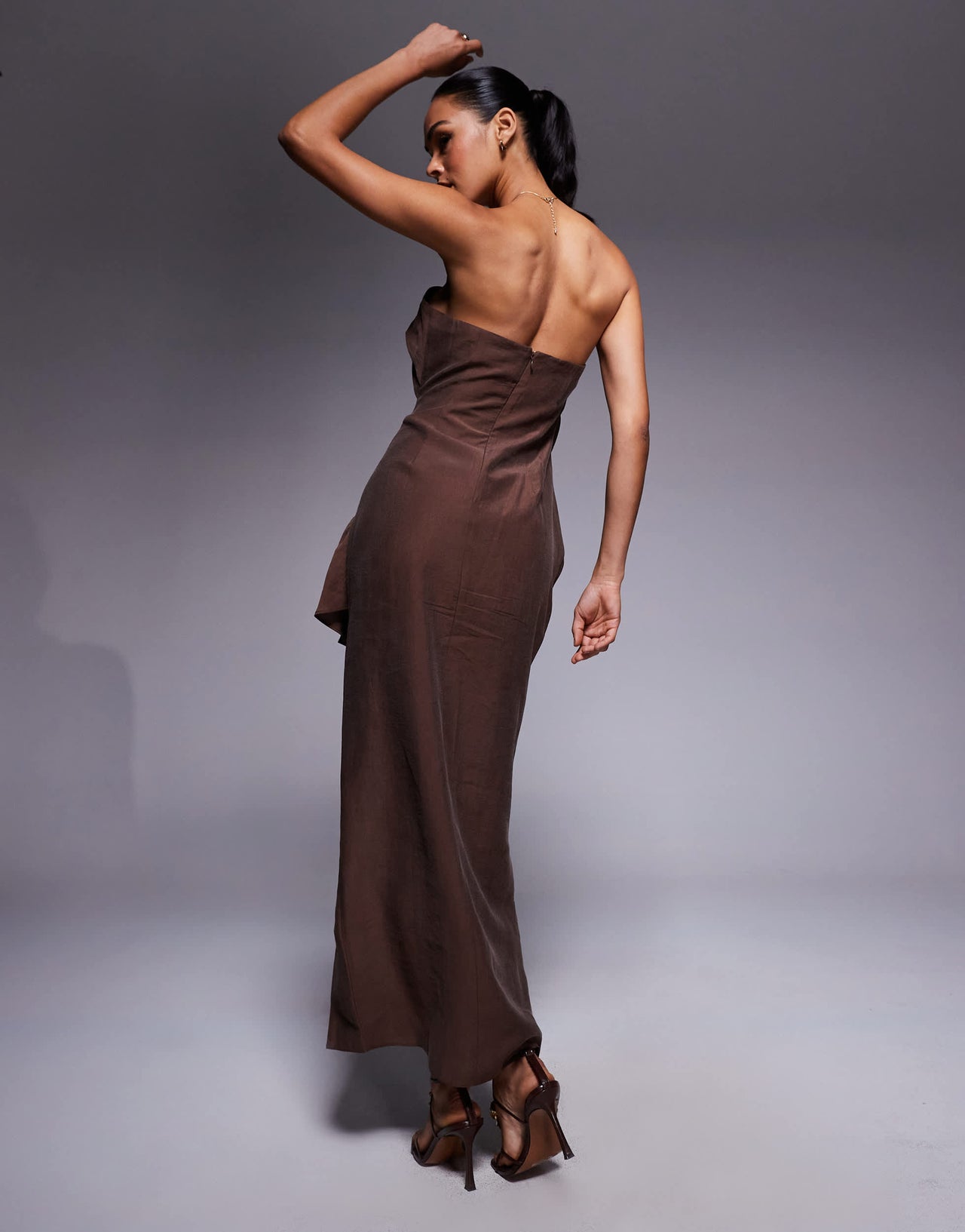 ASOS DESIGN bandeau midi dress with side pleat detail in chocolate