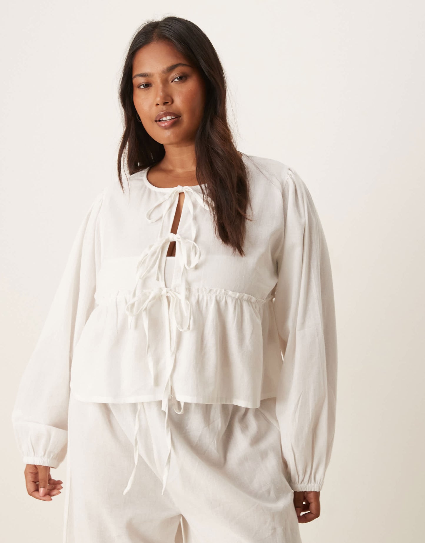 Esmee Curve Exclusive tie front long sleeve beach top co-ord in white