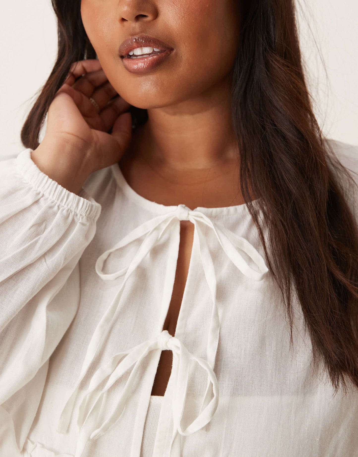 Esmee Curve Exclusive tie front long sleeve beach top co-ord in white