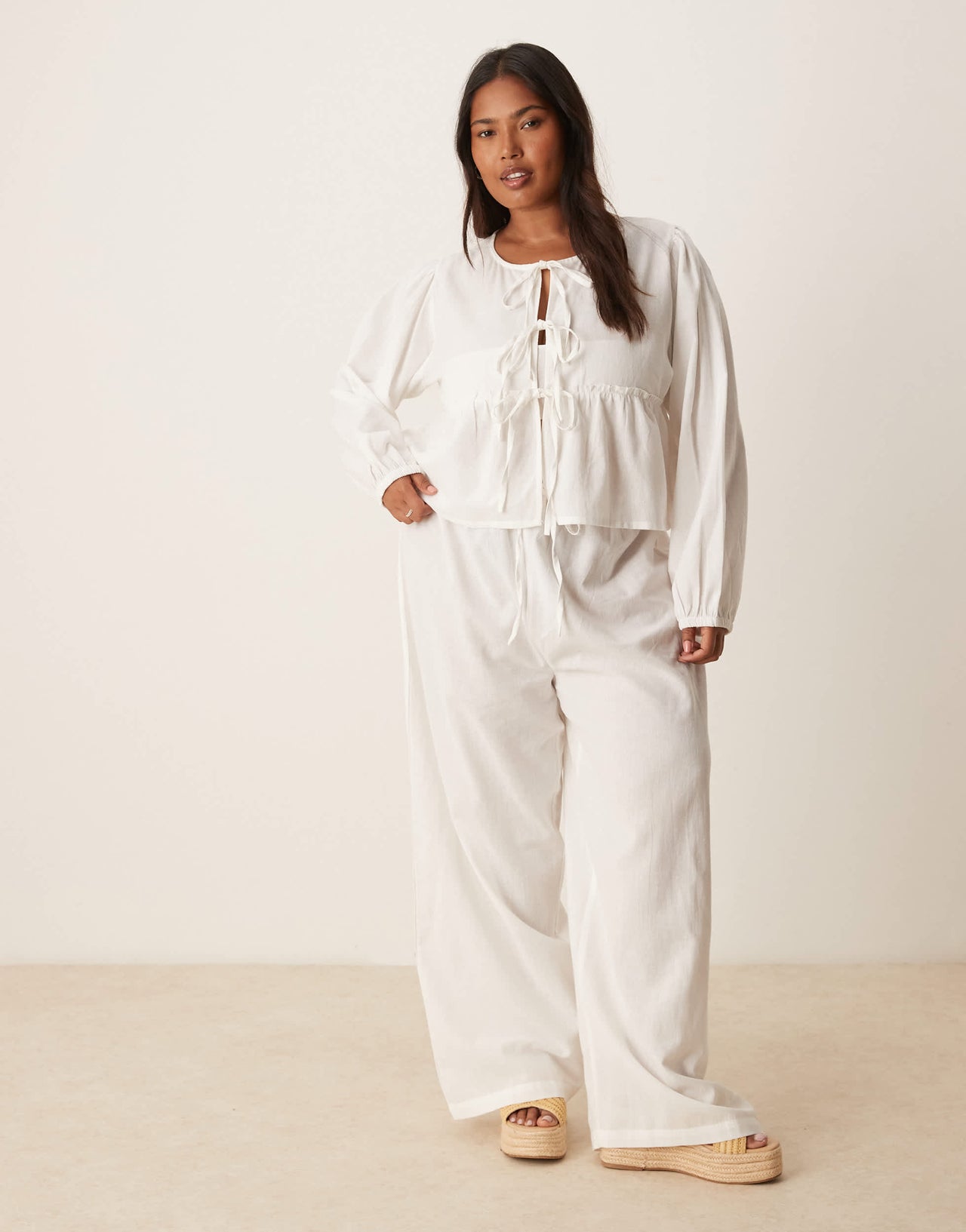 Esmee Curve Exclusive tie front long sleeve beach top co-ord in white