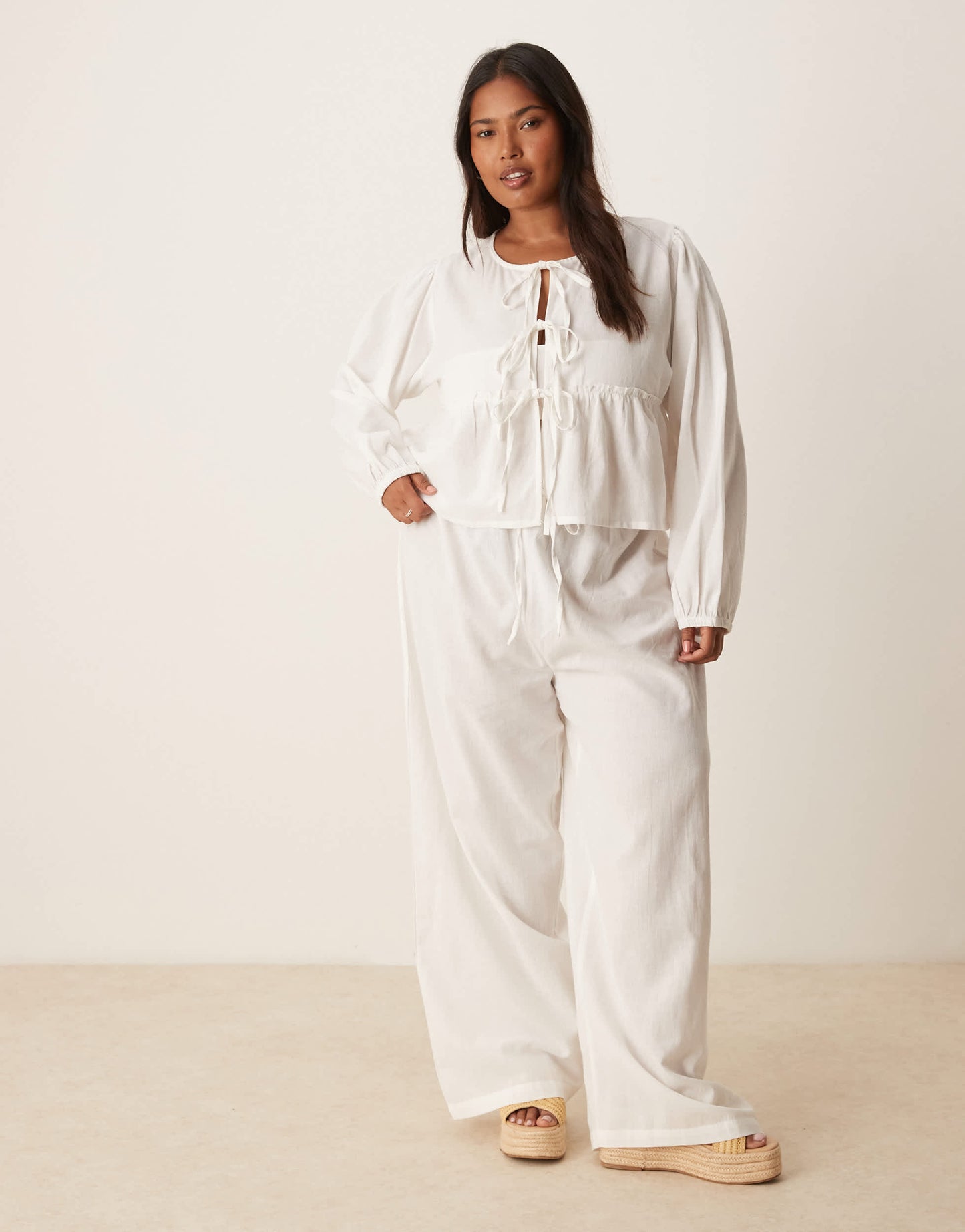 Esmee Curve Exclusive tie front long sleeve beach top co-ord in white