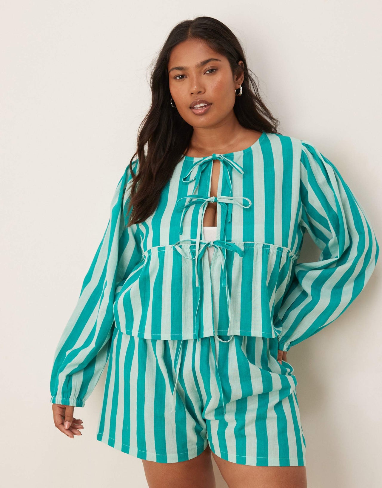 Esmee Curve Exclusive tie front long sleeve beach top co-ord in green stripe