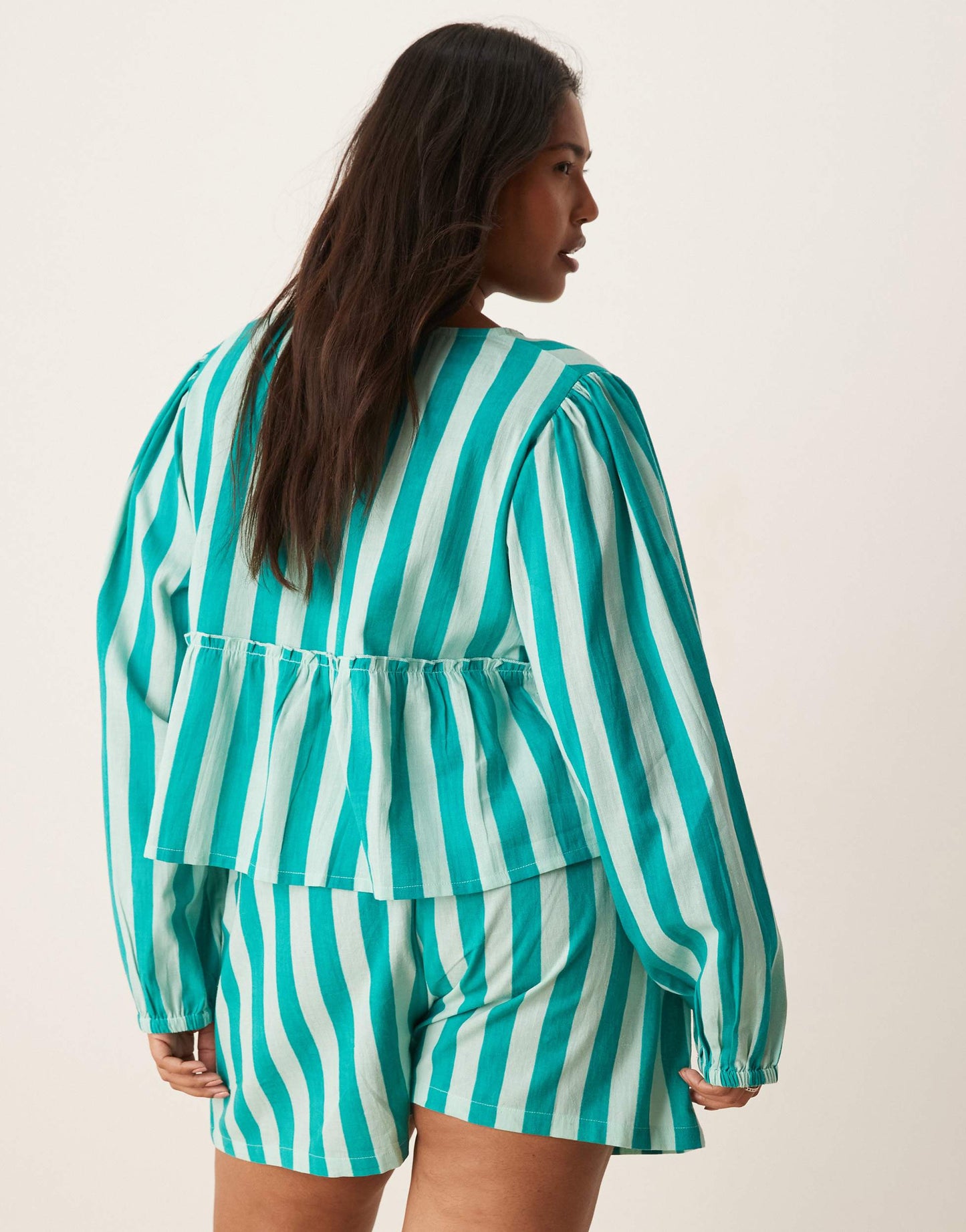 Esmee Curve Exclusive tie front long sleeve beach top co-ord in green stripe