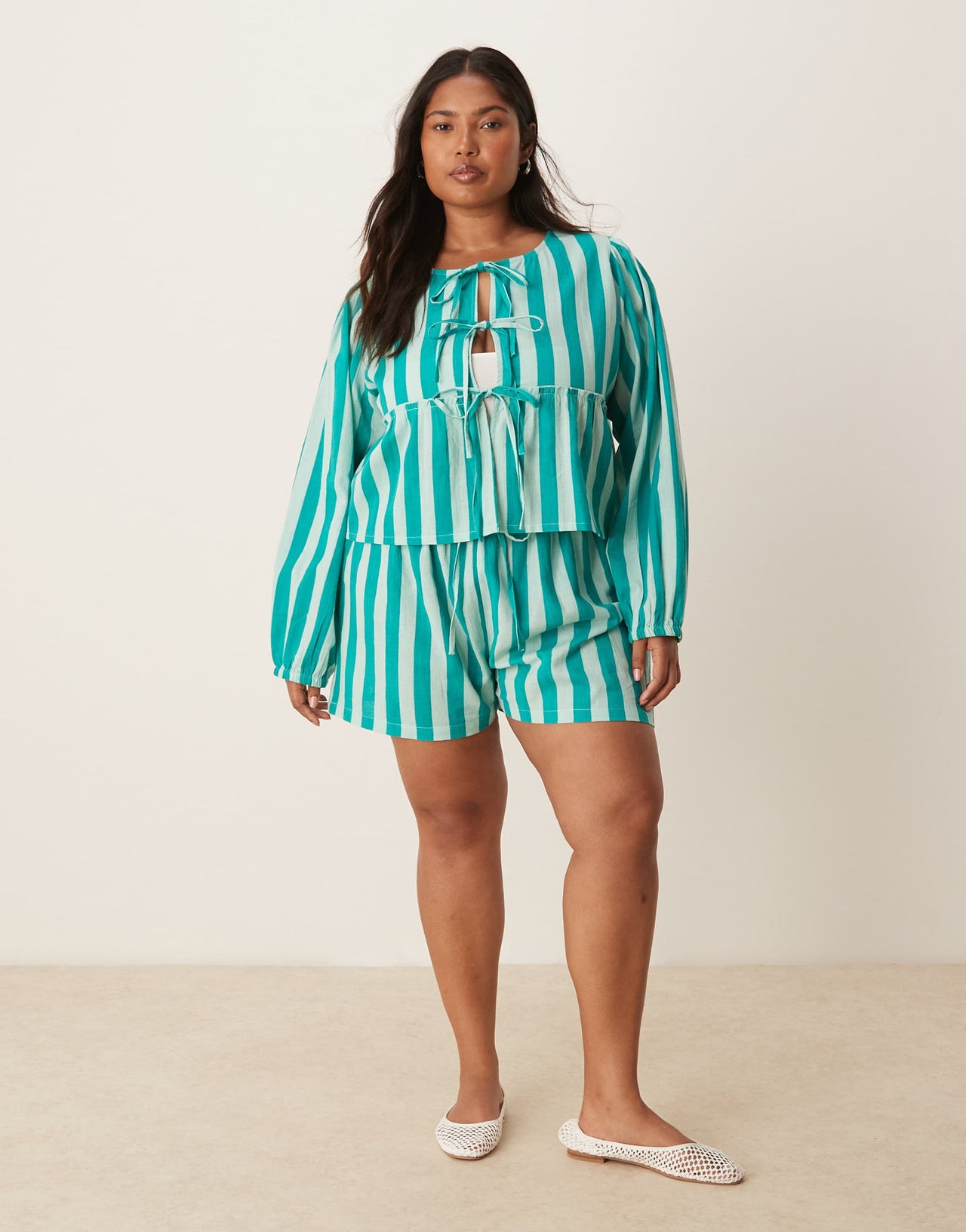 Esmee Curve Exclusive tie front long sleeve beach top co-ord in green stripe