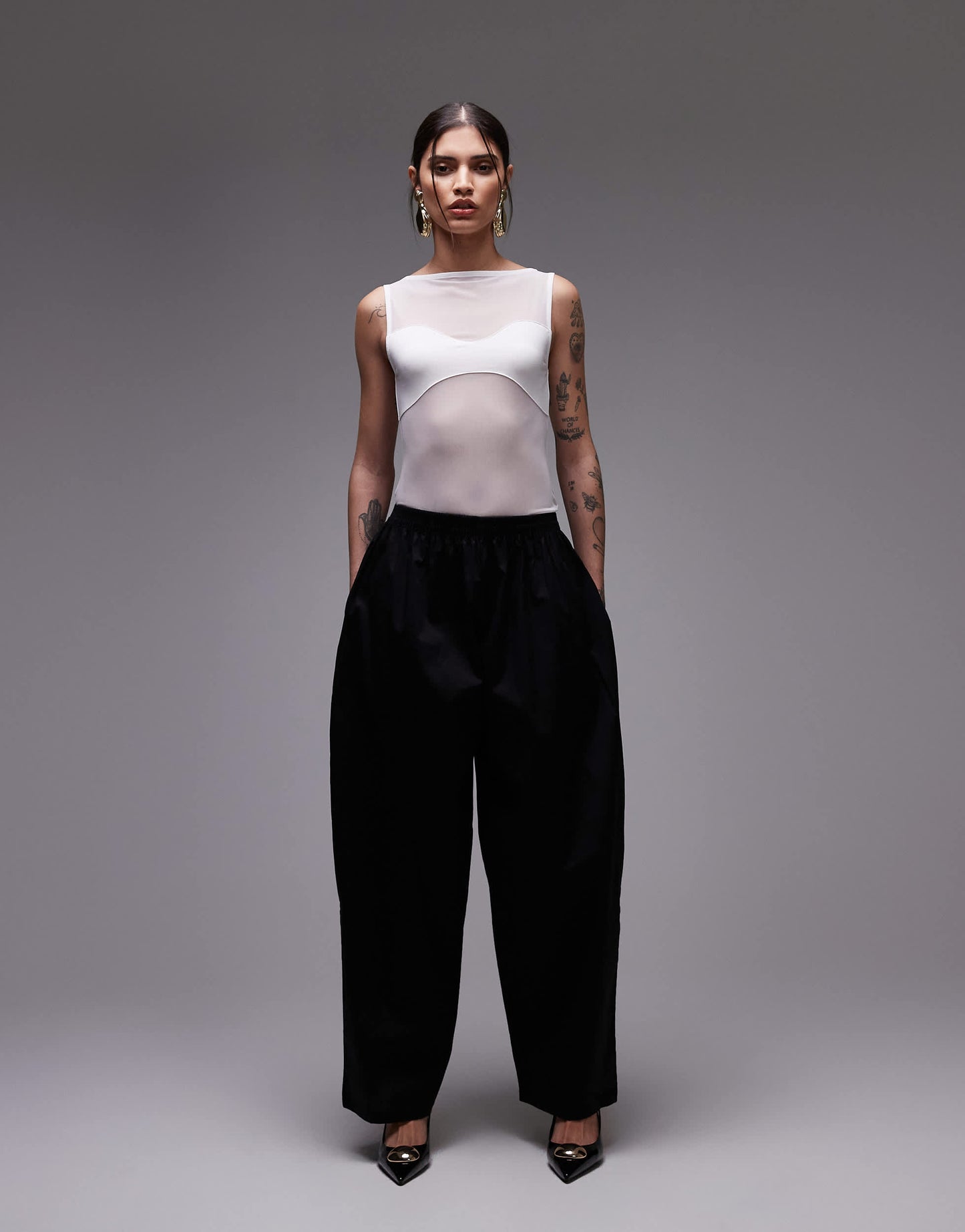 ASOS DESIGN mesh panel fabric mix body in ecru