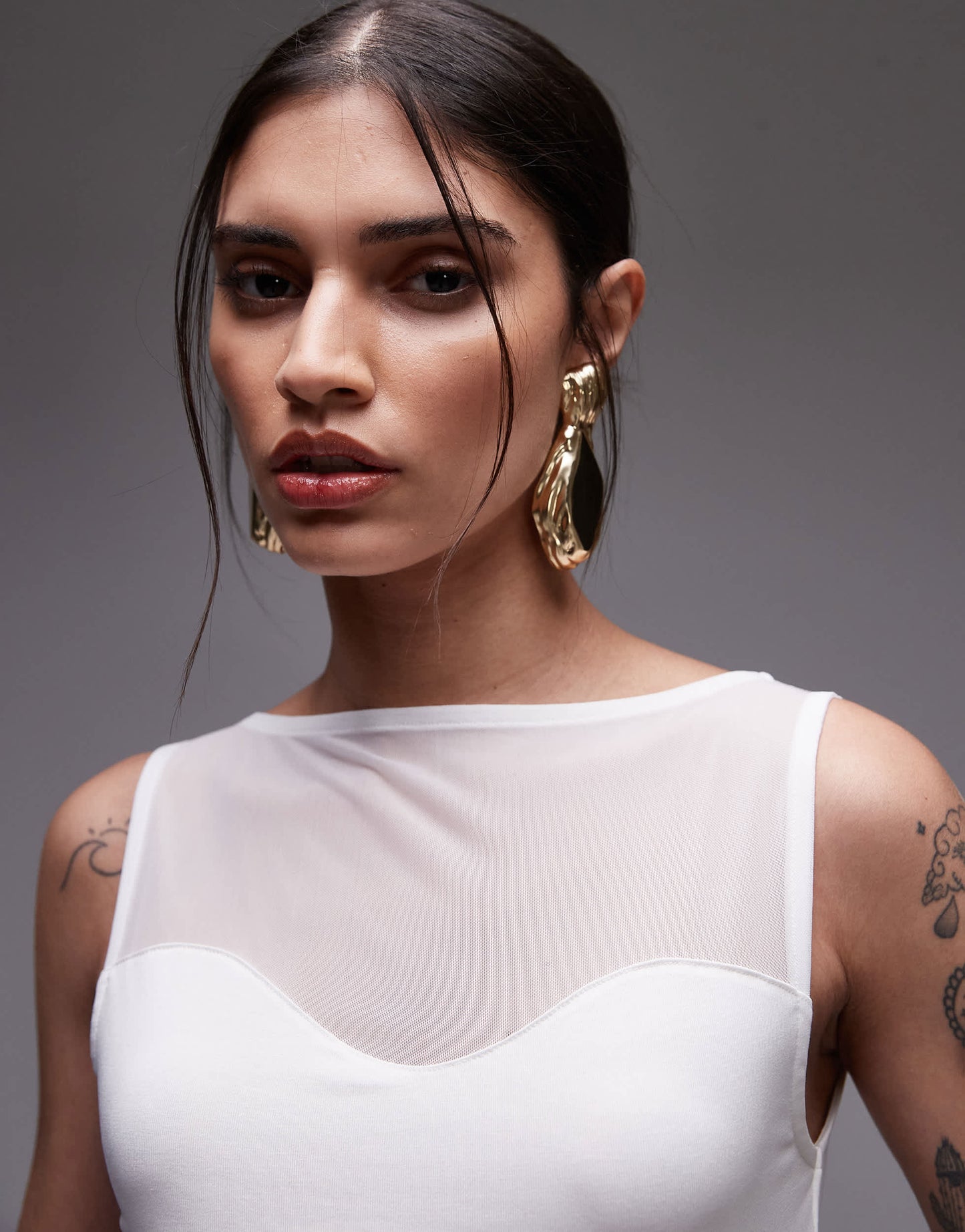 ASOS DESIGN mesh panel fabric mix body in ecru