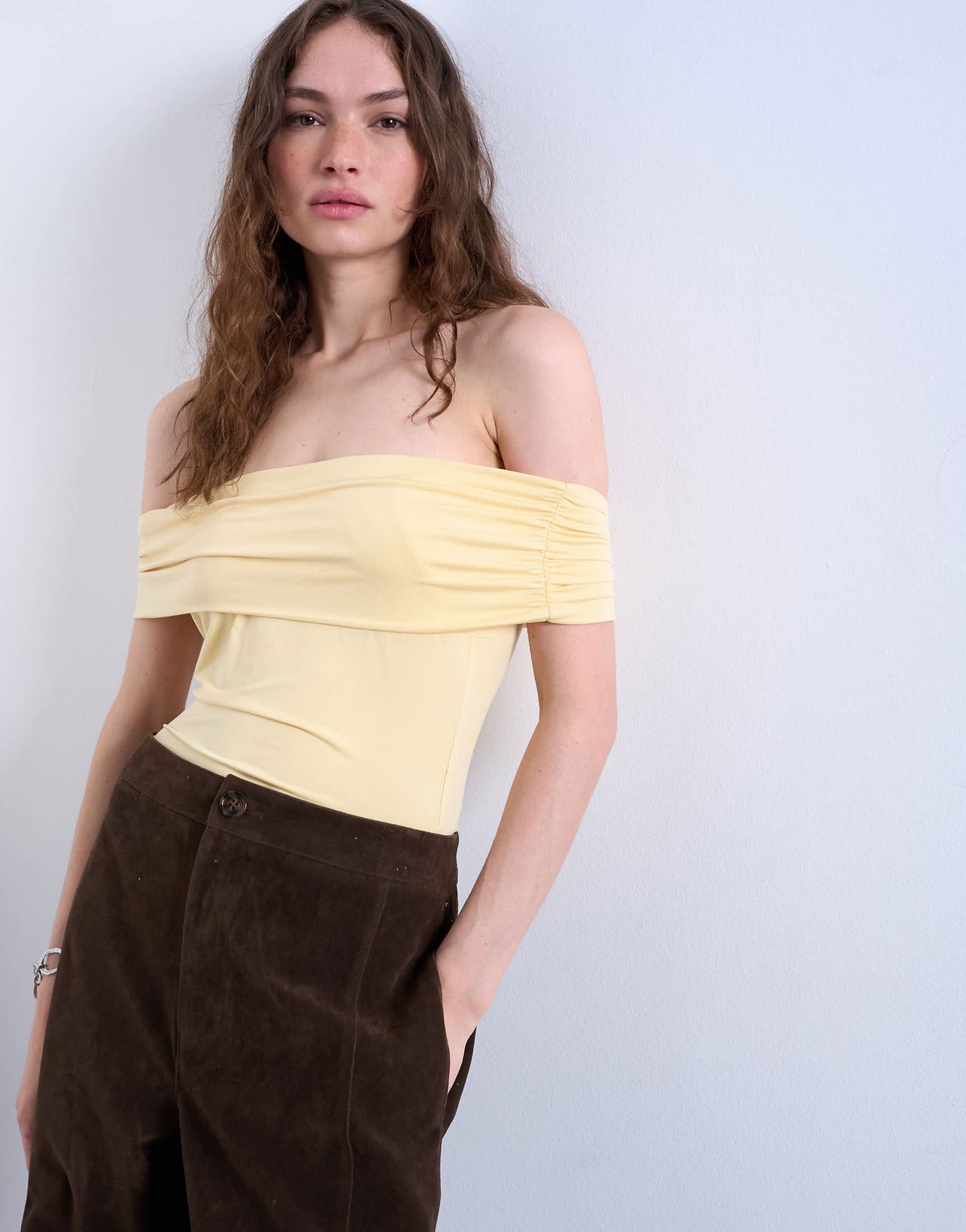 Topshop microfibre deep fold bardot top in buttermilk
