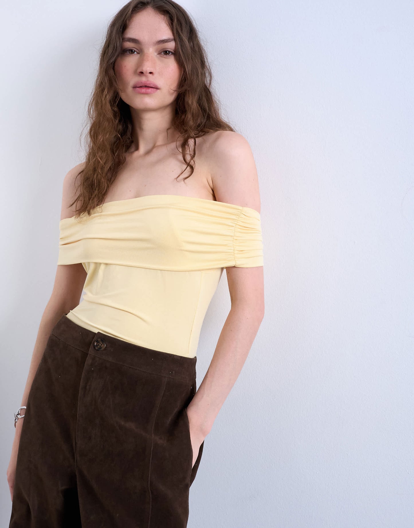 Topshop microfibre deep fold bardot top in buttermilk