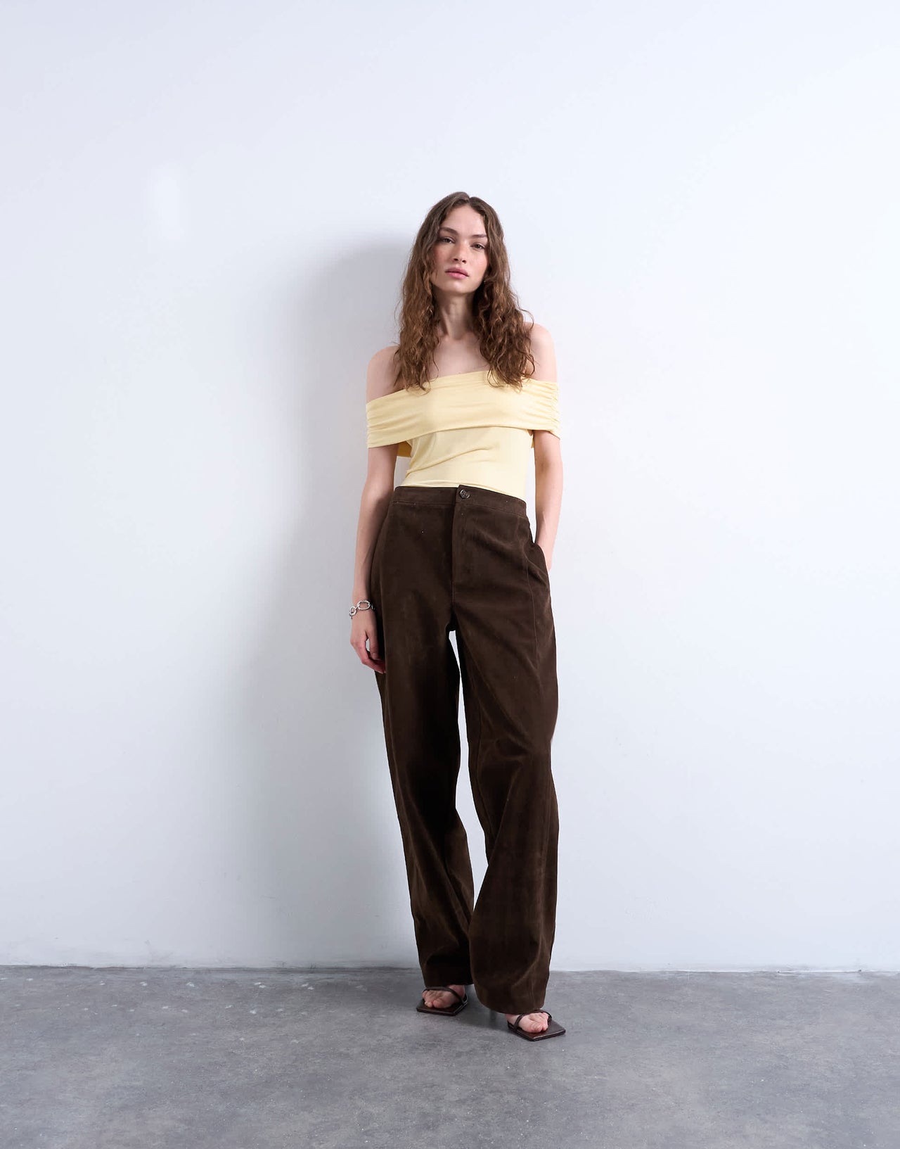 Topshop microfibre deep fold bardot top in buttermilk
