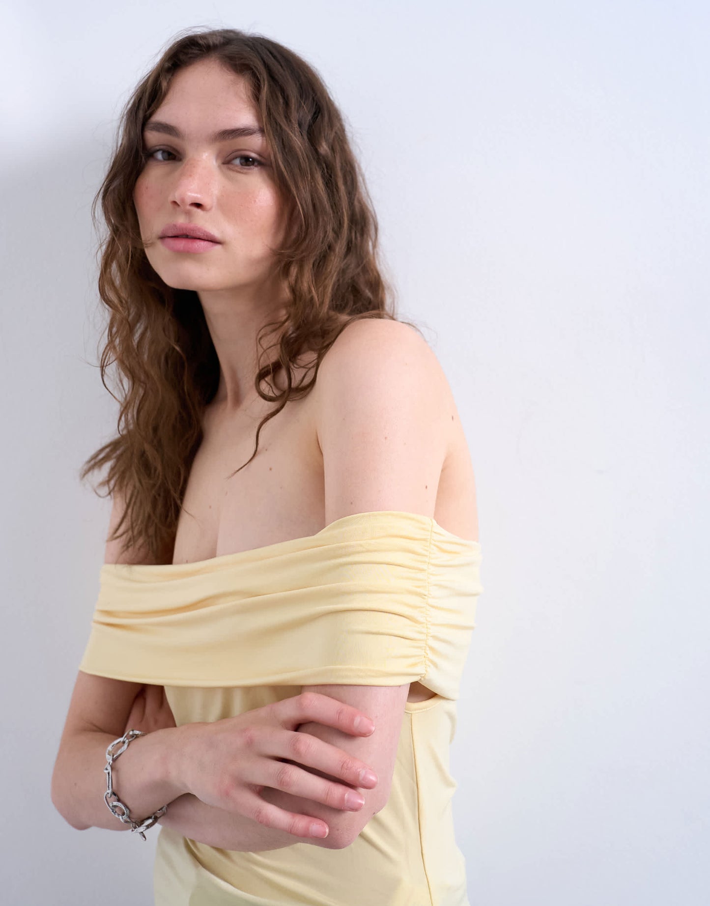 Topshop microfibre deep fold bardot top in buttermilk