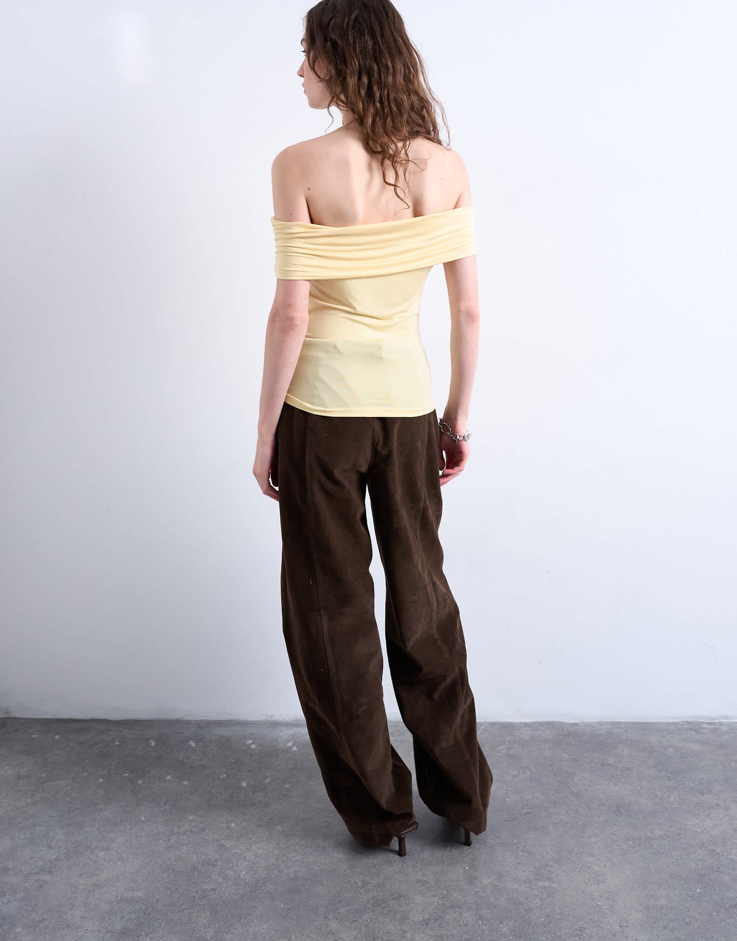 Topshop microfibre deep fold bardot top in buttermilk