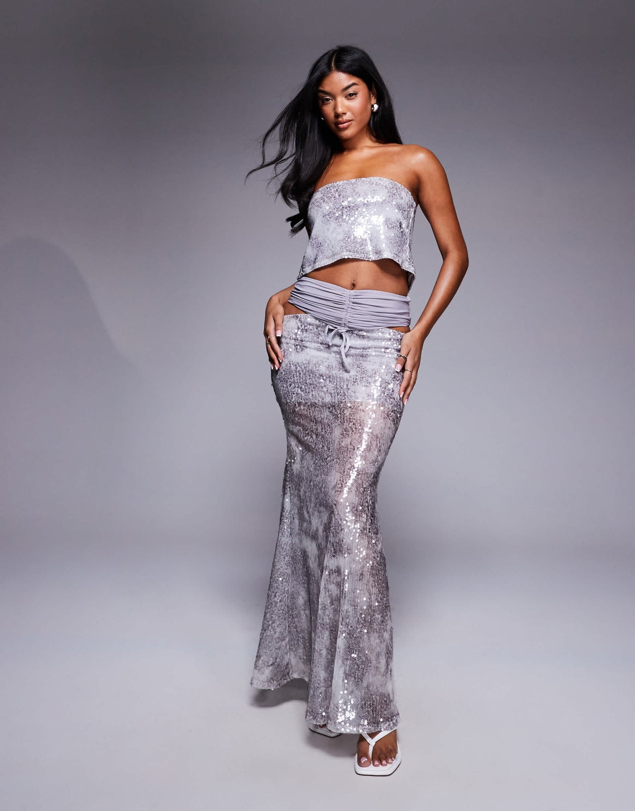 ASOS x THE SOURCED COLLECTION sequin ruched maxi skirt co-ord in grey