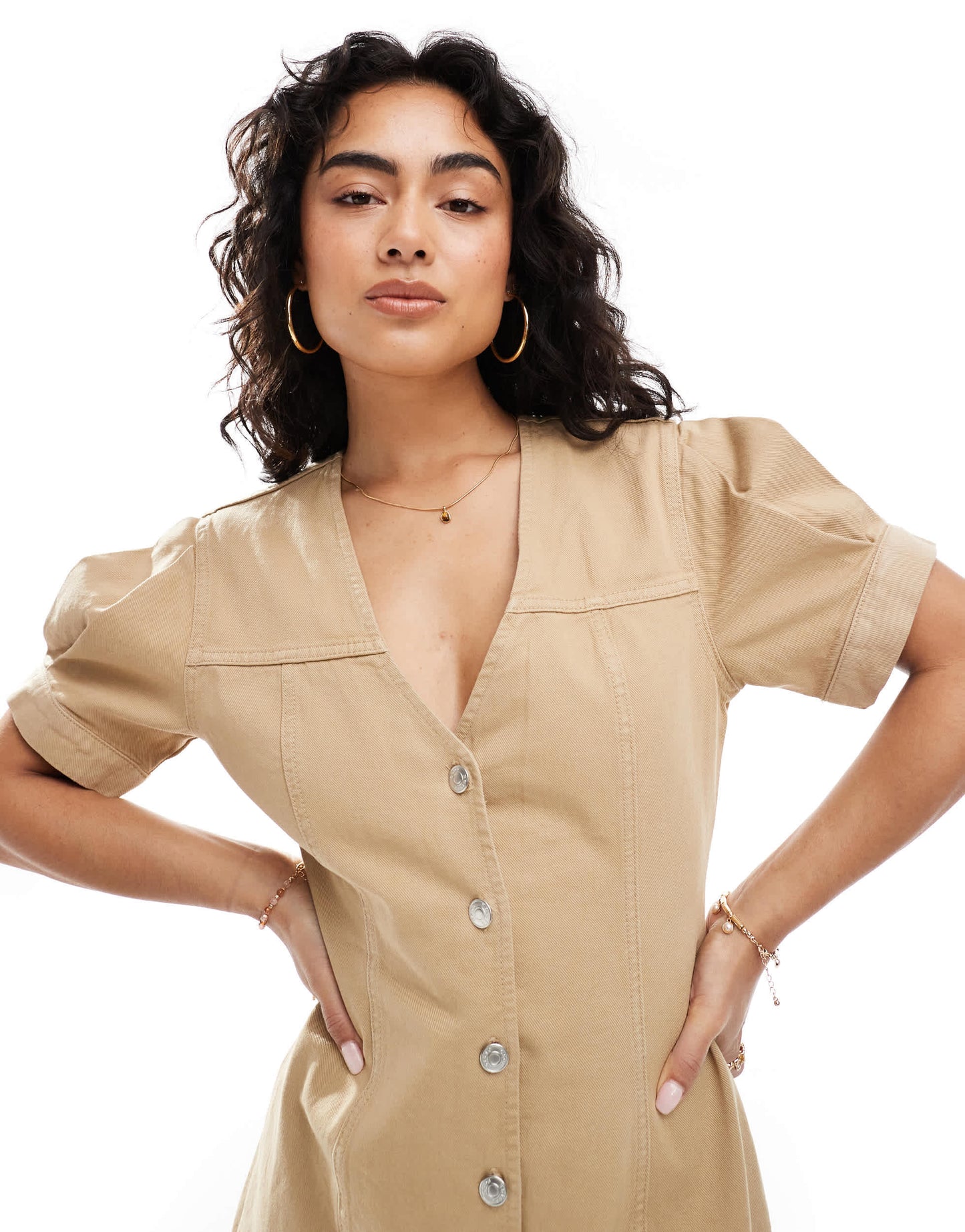 ASOS DESIGN denim puff sleeve button through mini dress in beige