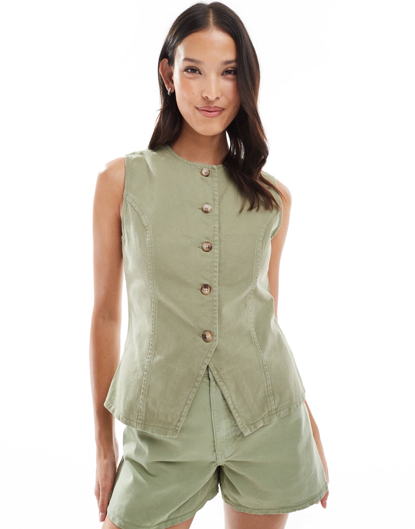 ASOS DESIGN denim cami waistcoat co-ord in sage