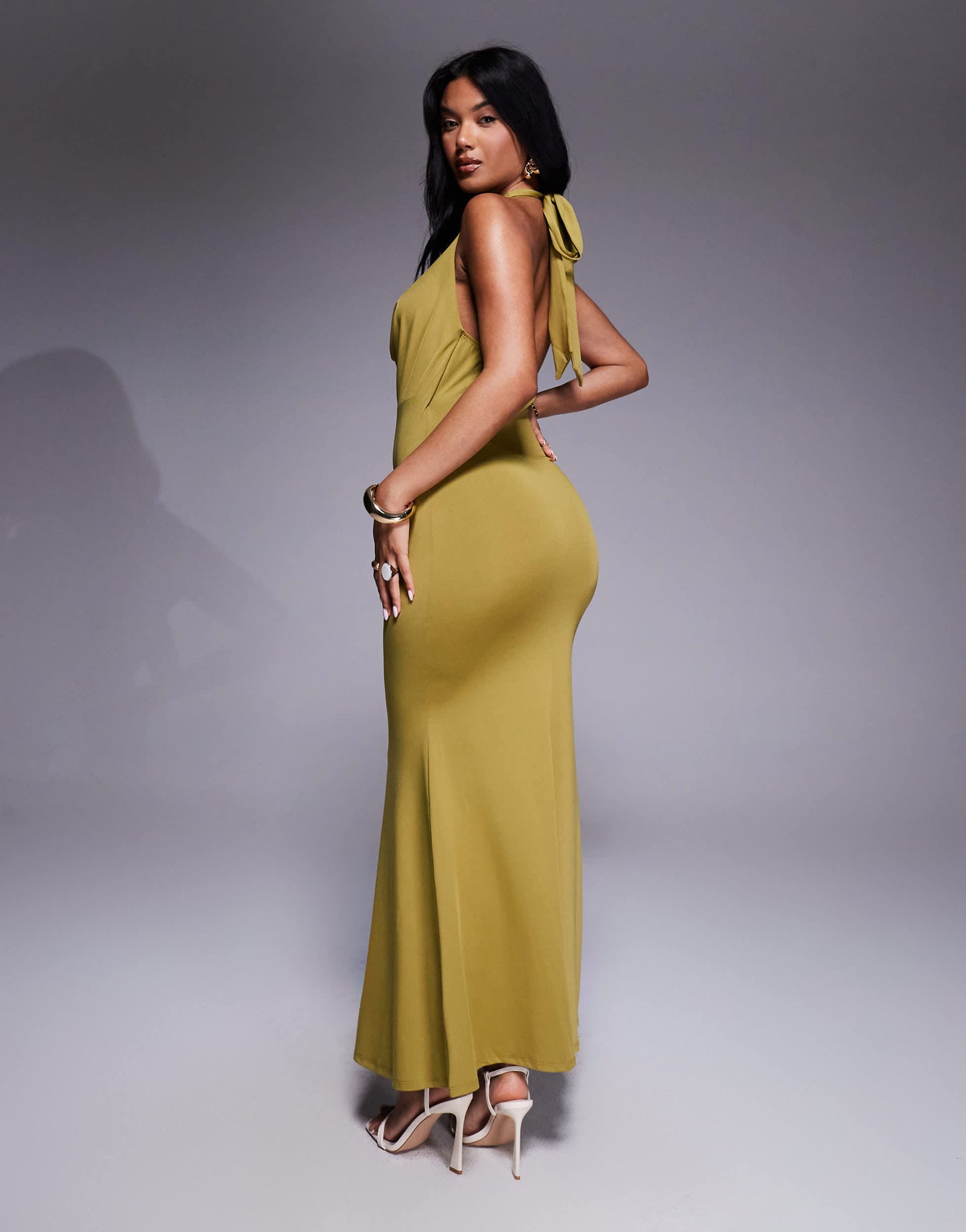 New Look halter cowl neck maxi dress in light khaki