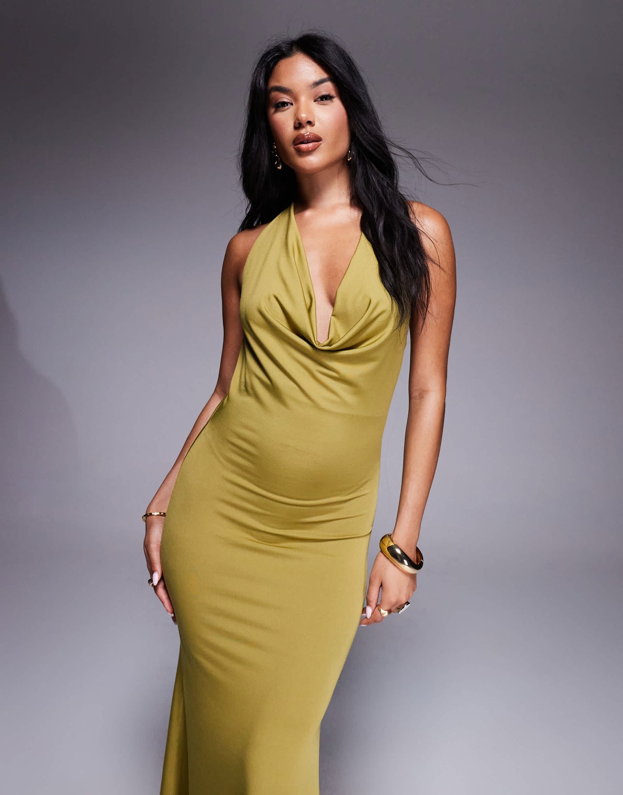 New Look halter cowl neck maxi dress in light khaki