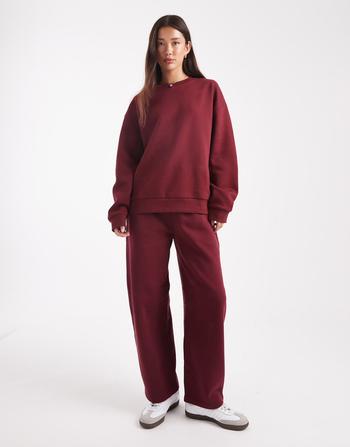 ASOS DESIGN brushback barrel leg brushback jogger in burgundy