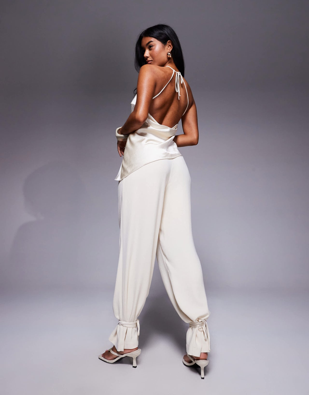 ASOS X THE SOURCED COLLECTION fabric mix tie ankle trousers in ecru