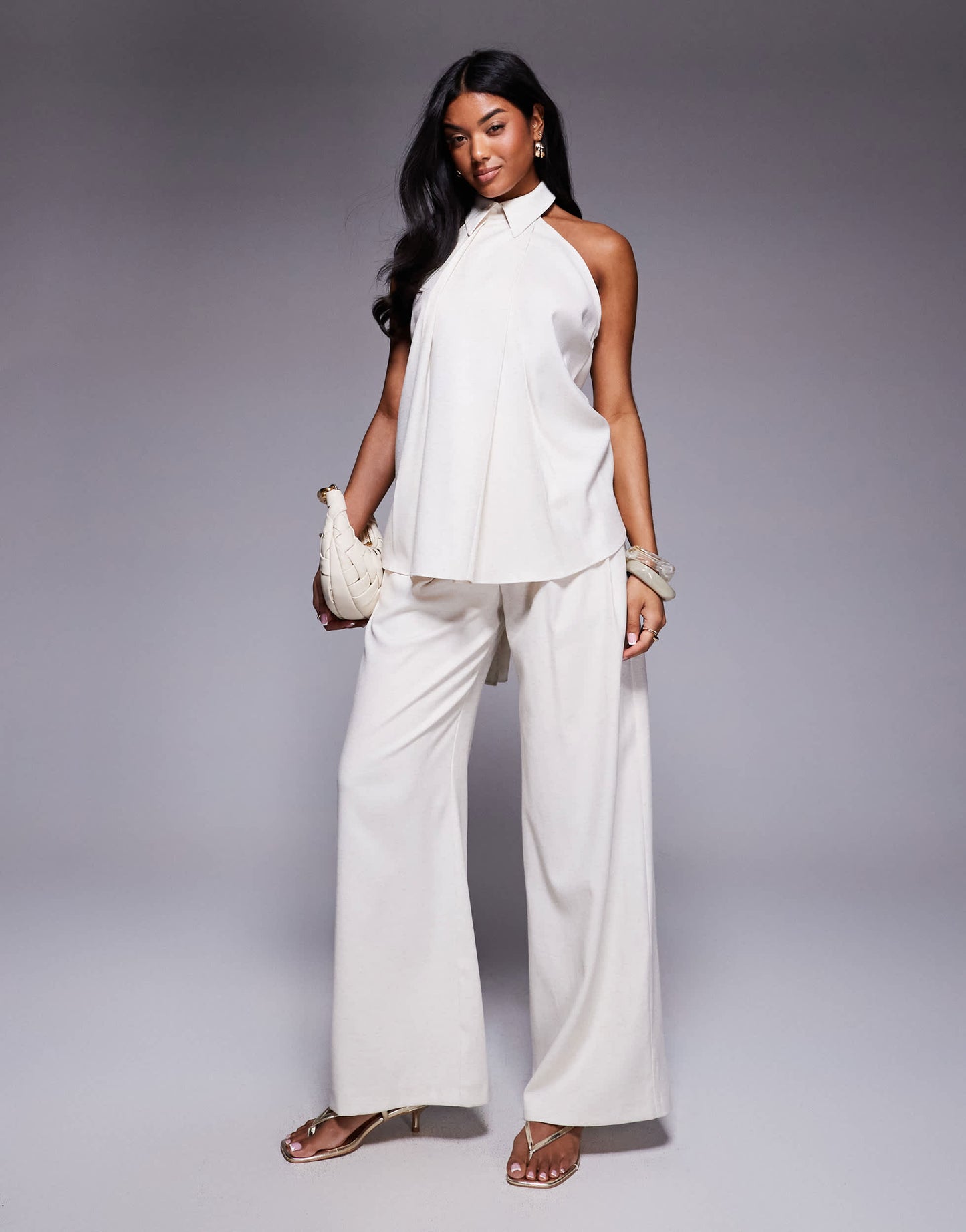 ASOS X THE SOURCED COLLECTION collared halter top in stone
