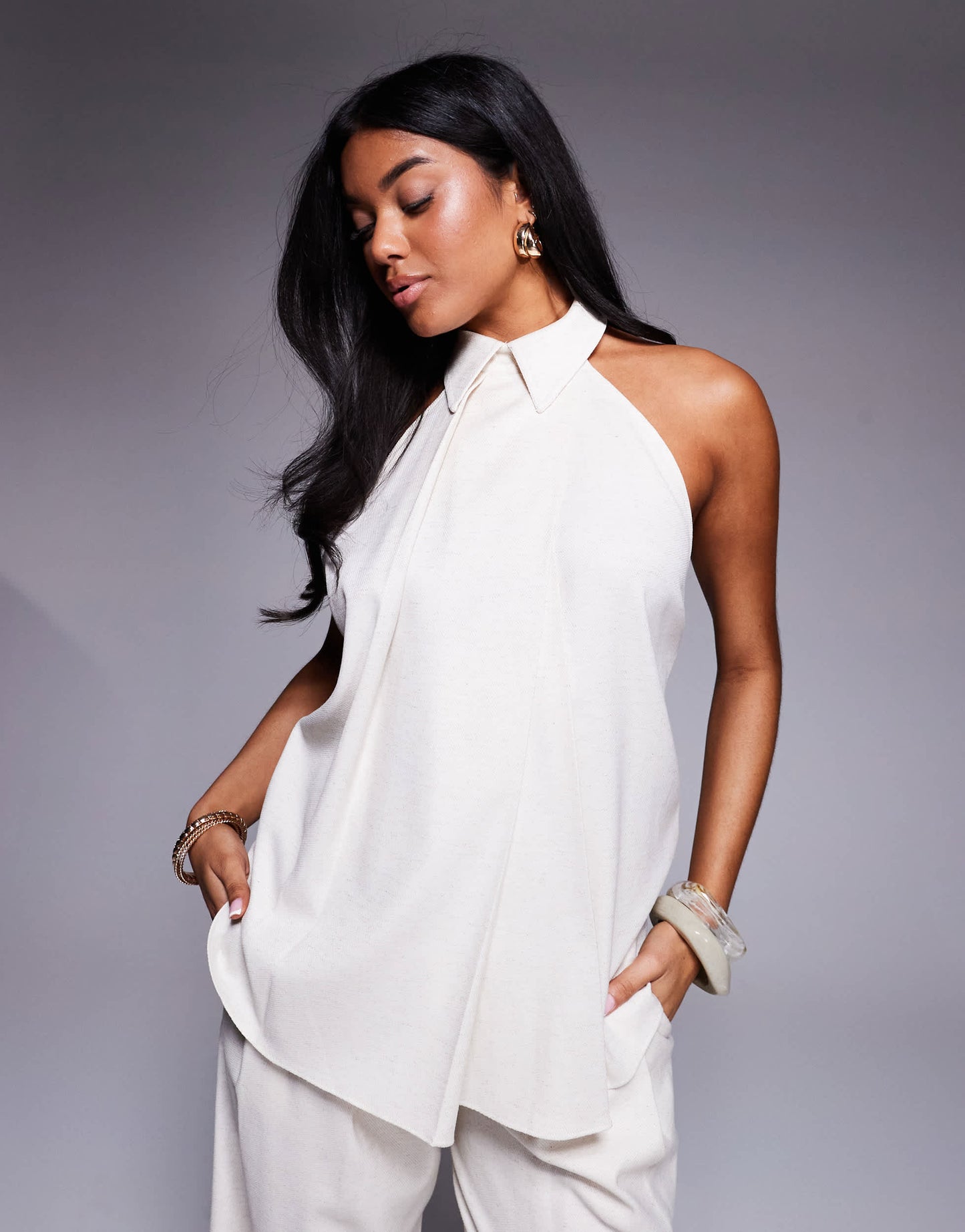ASOS X THE SOURCED COLLECTION collared halter top in stone