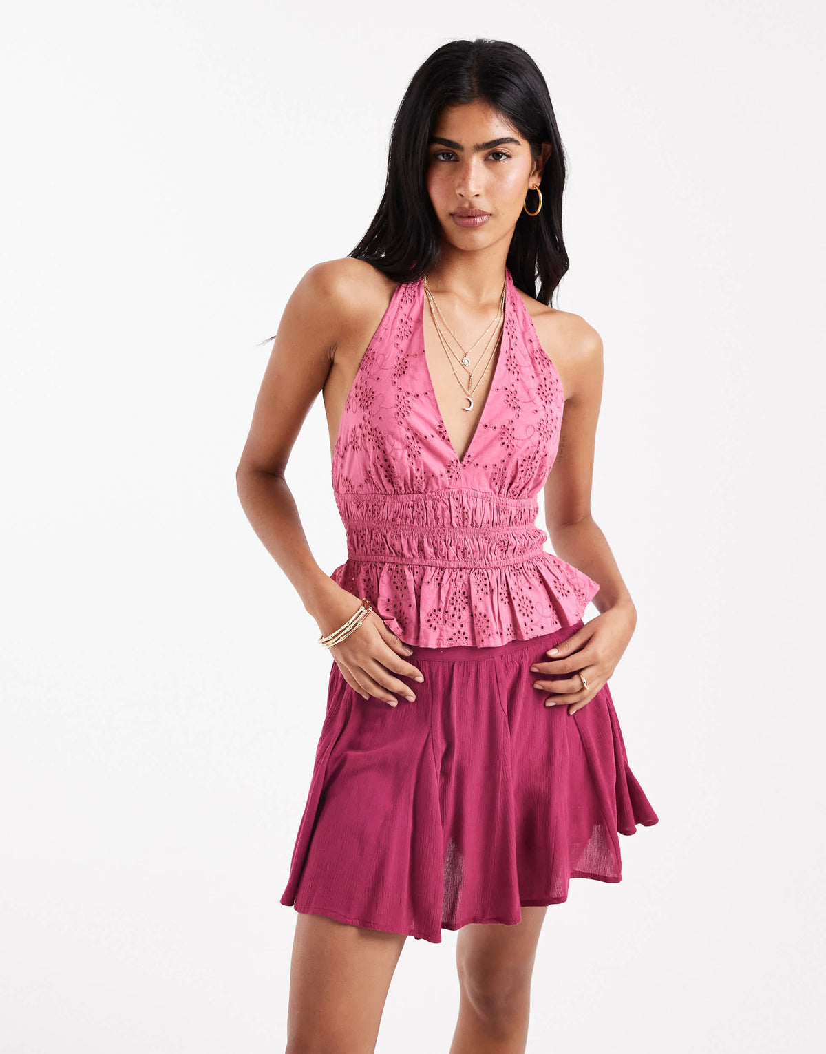 Stradivarius broidery detail halter top in raspberry – ASOS Sample Sale