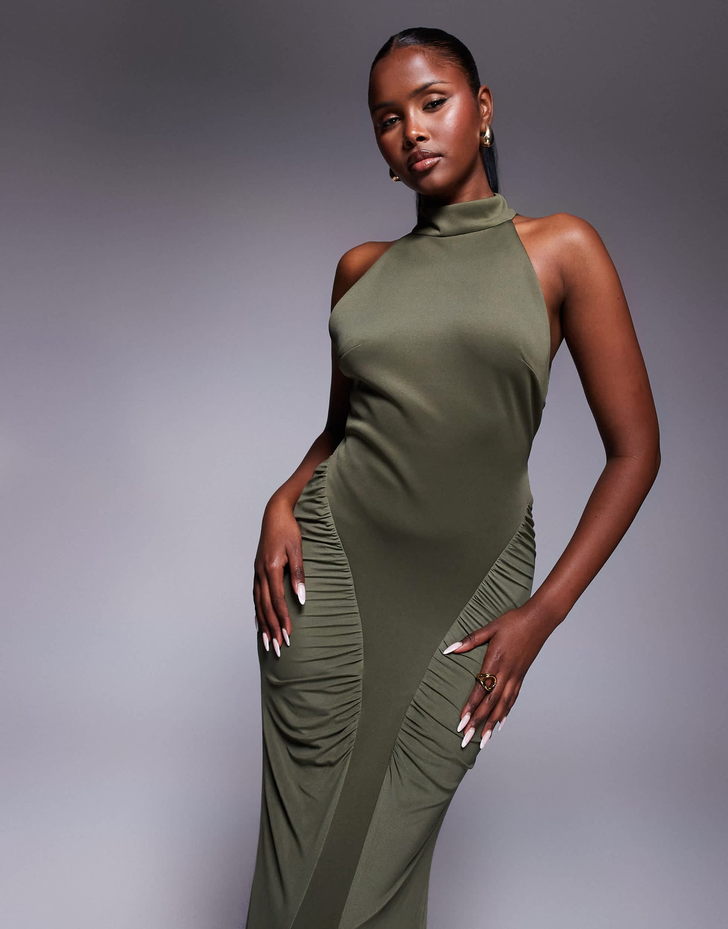 ASOS DESIGN Premium high neck maxi dress with super ruched channels in khaki
