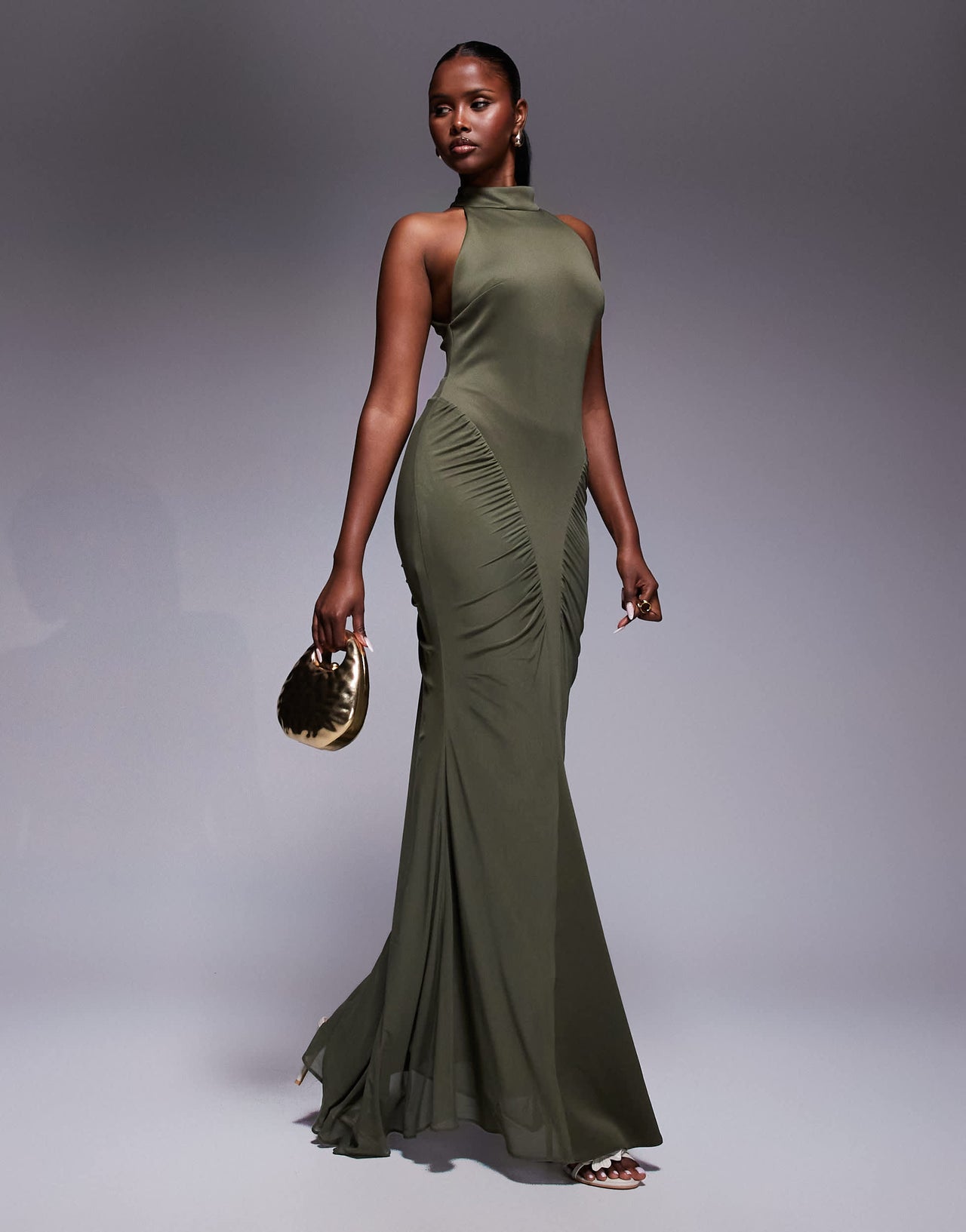 ASOS DESIGN Premium high neck maxi dress with super ruched channels in khaki